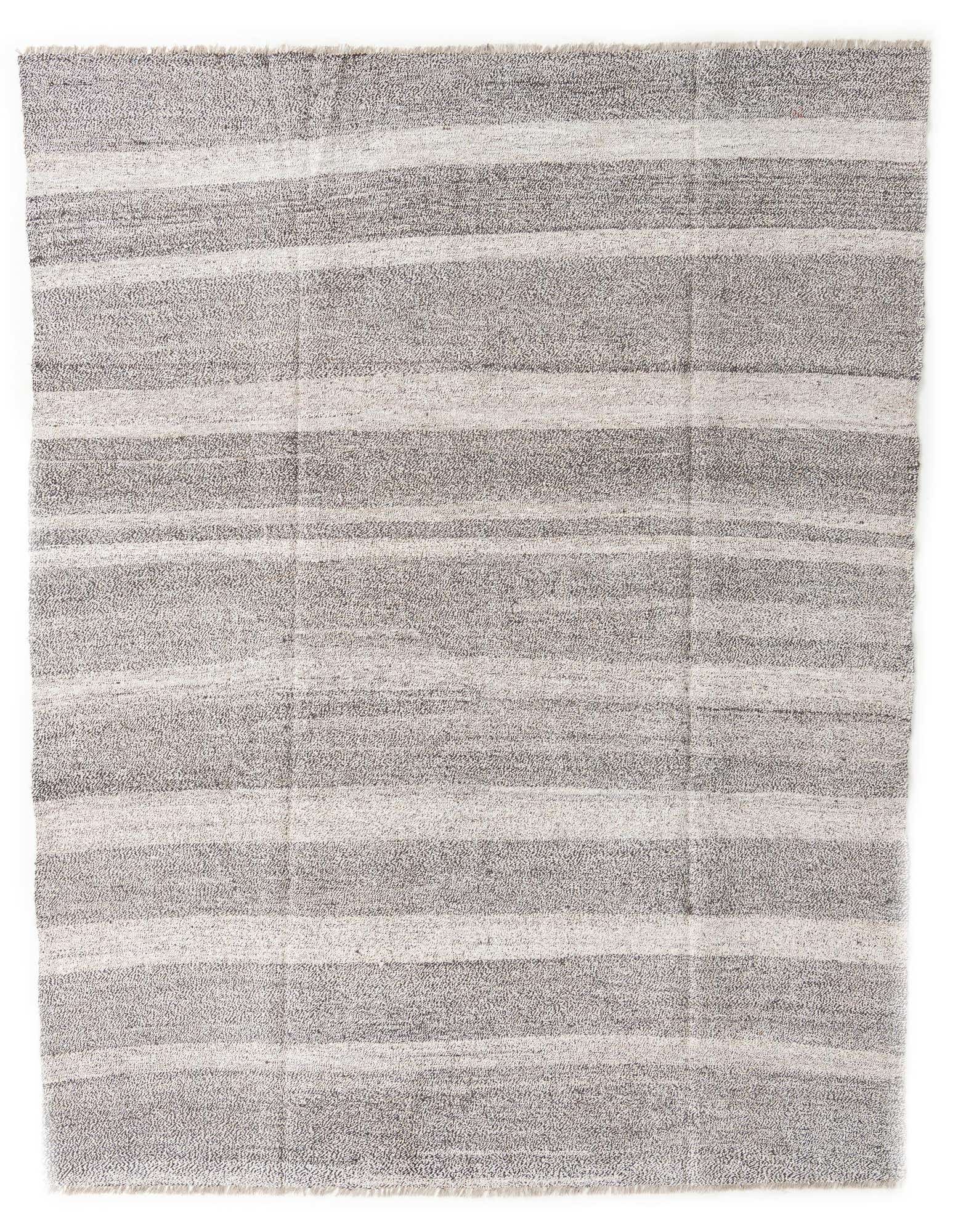 An 8x10 rectangular flatweave rug with abstract horizontal stripes in varying shades of black and grey.