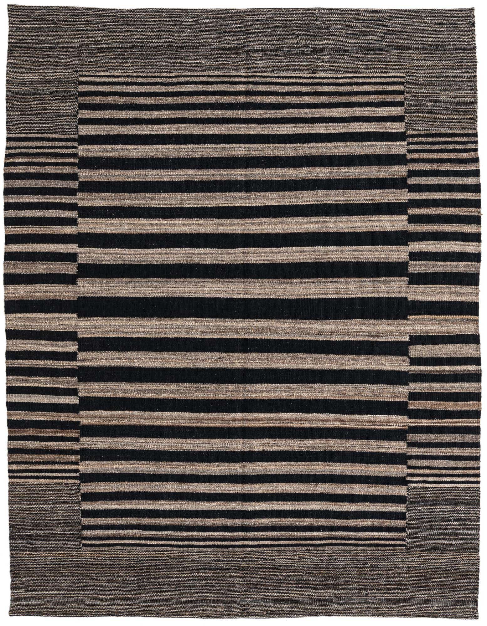 A 5x8 rectangular Kilim Modern area rug from Rugs.com, featuring bold black and natural brown stripes with a solid border.