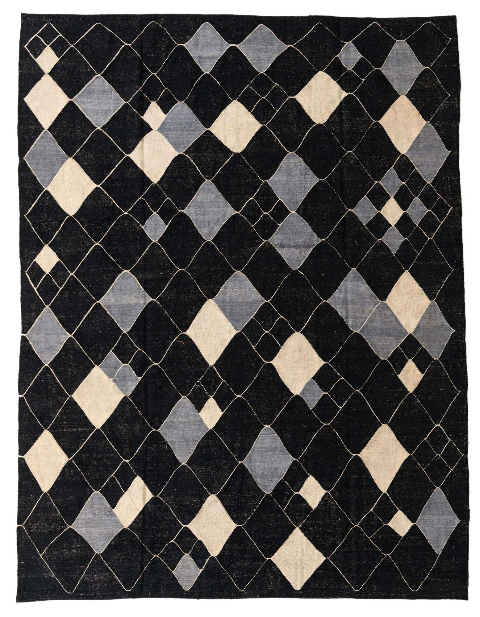 An 8x10 rectangular black wool flatweave rug with a modern tribal pattern of interlocking grey and cream diamonds.