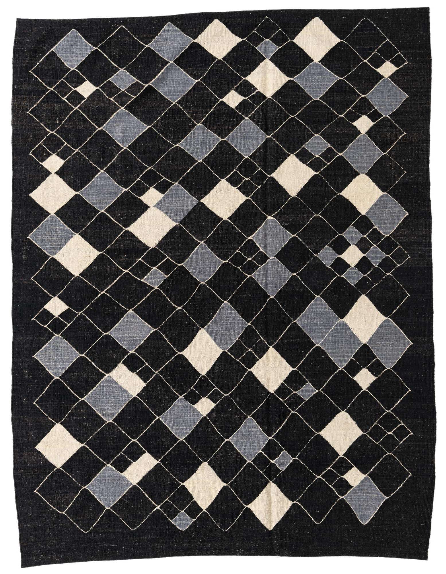 A 6x9 rectangular black wool flatweave rug with a modern tribal diamond pattern in varying shades of black, grey, and cream.
