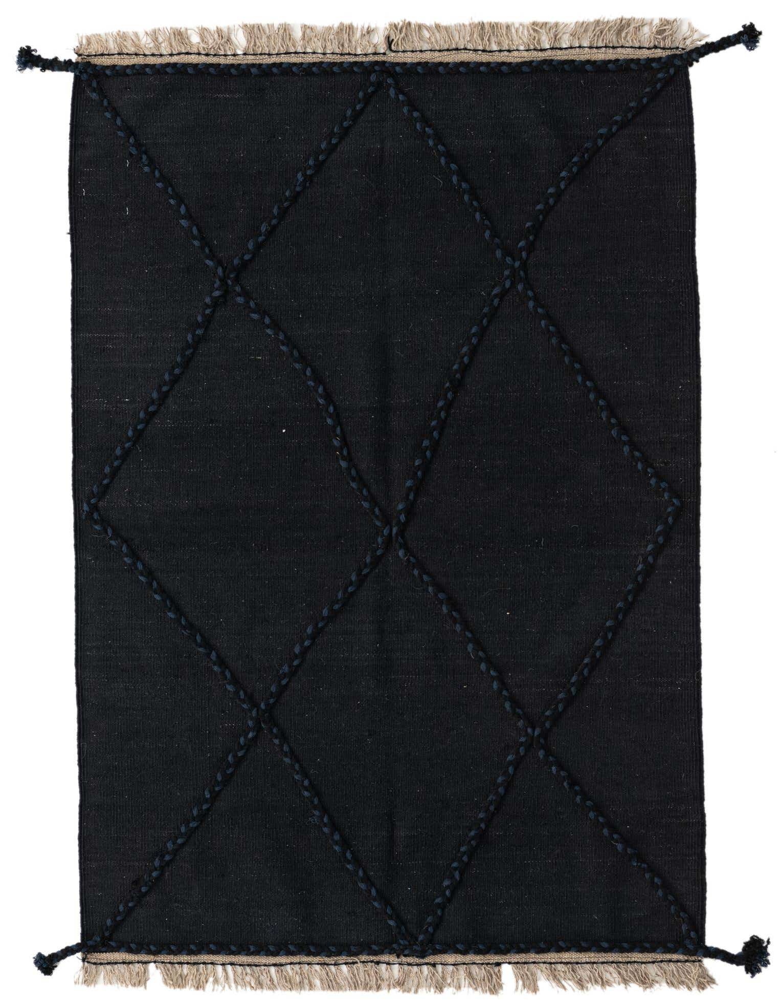 A 3x5 rectangular black flatweave wool rug with a dark blue braided diamond pattern and natural fringe.