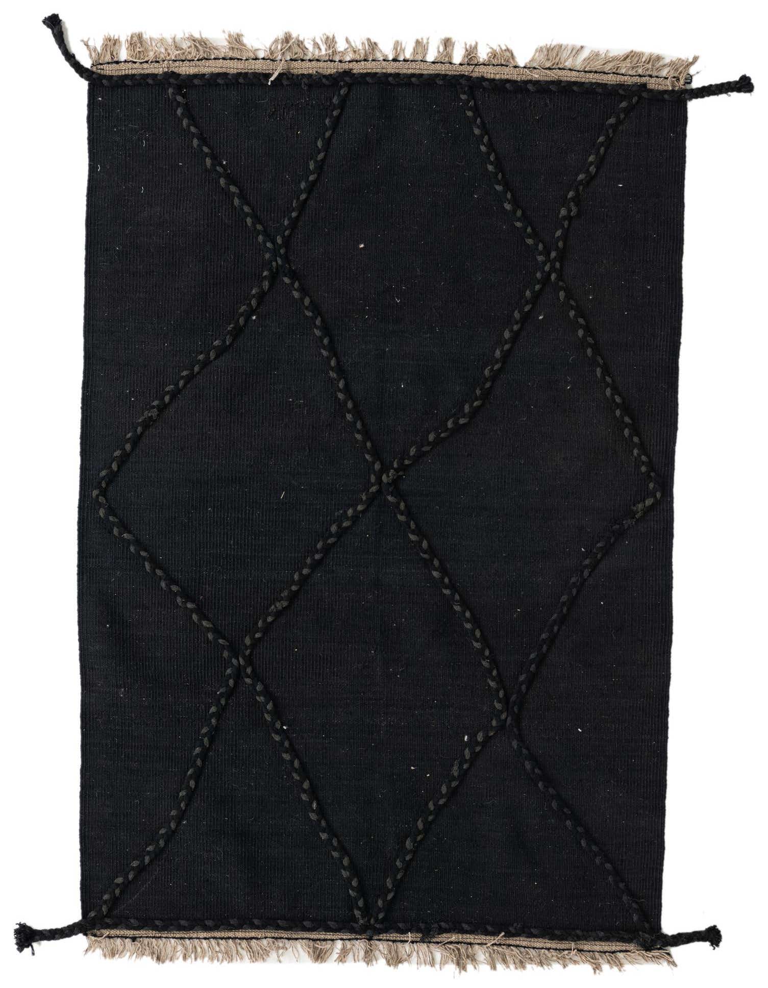 A 3x5 rectangular black wool rug with a raised braided diamond pattern and natural fringe edges, suitable for a living room.