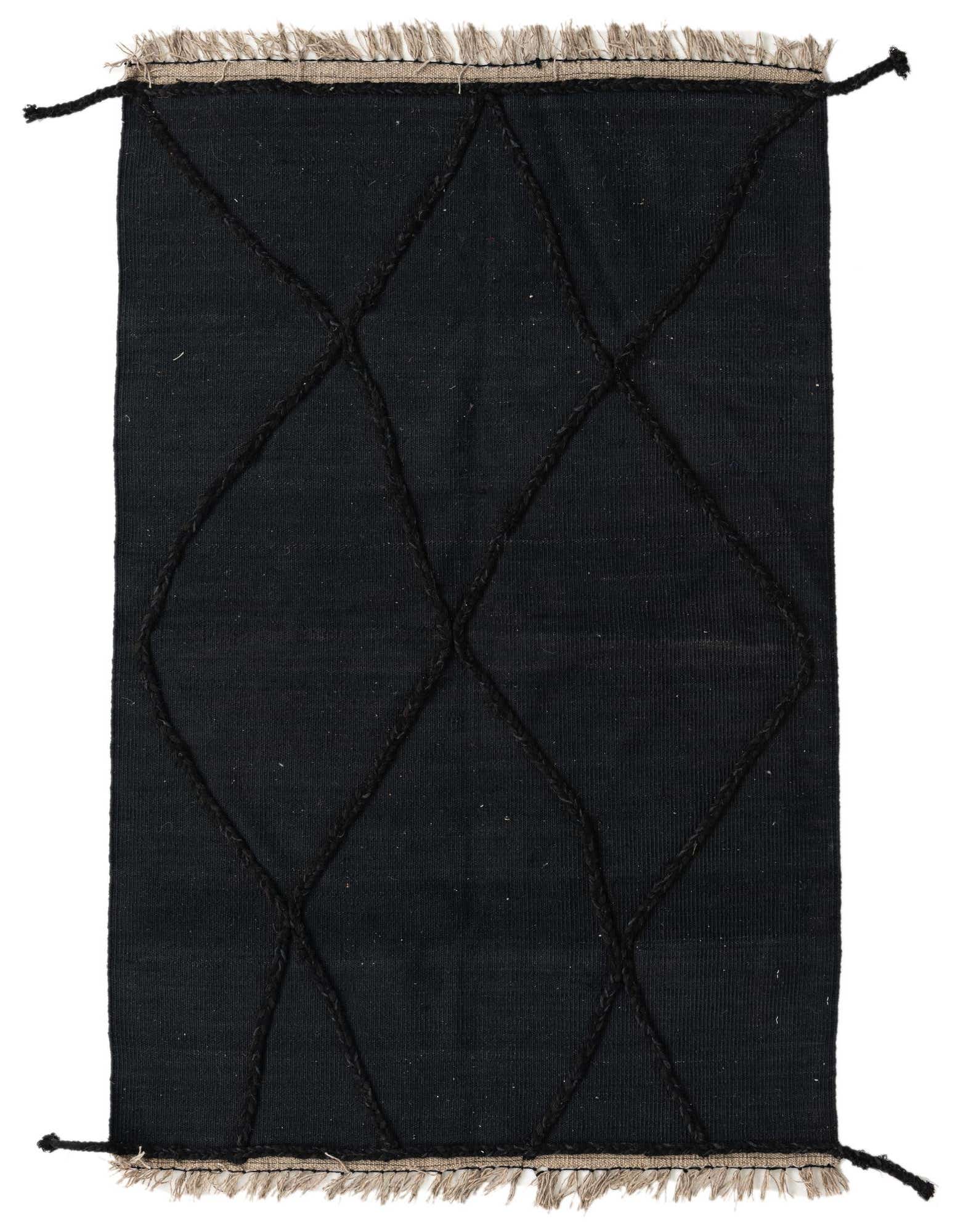 A 3x5 rectangular black flatweave wool rug with a subtle tribal diamond pattern and fringed edges.