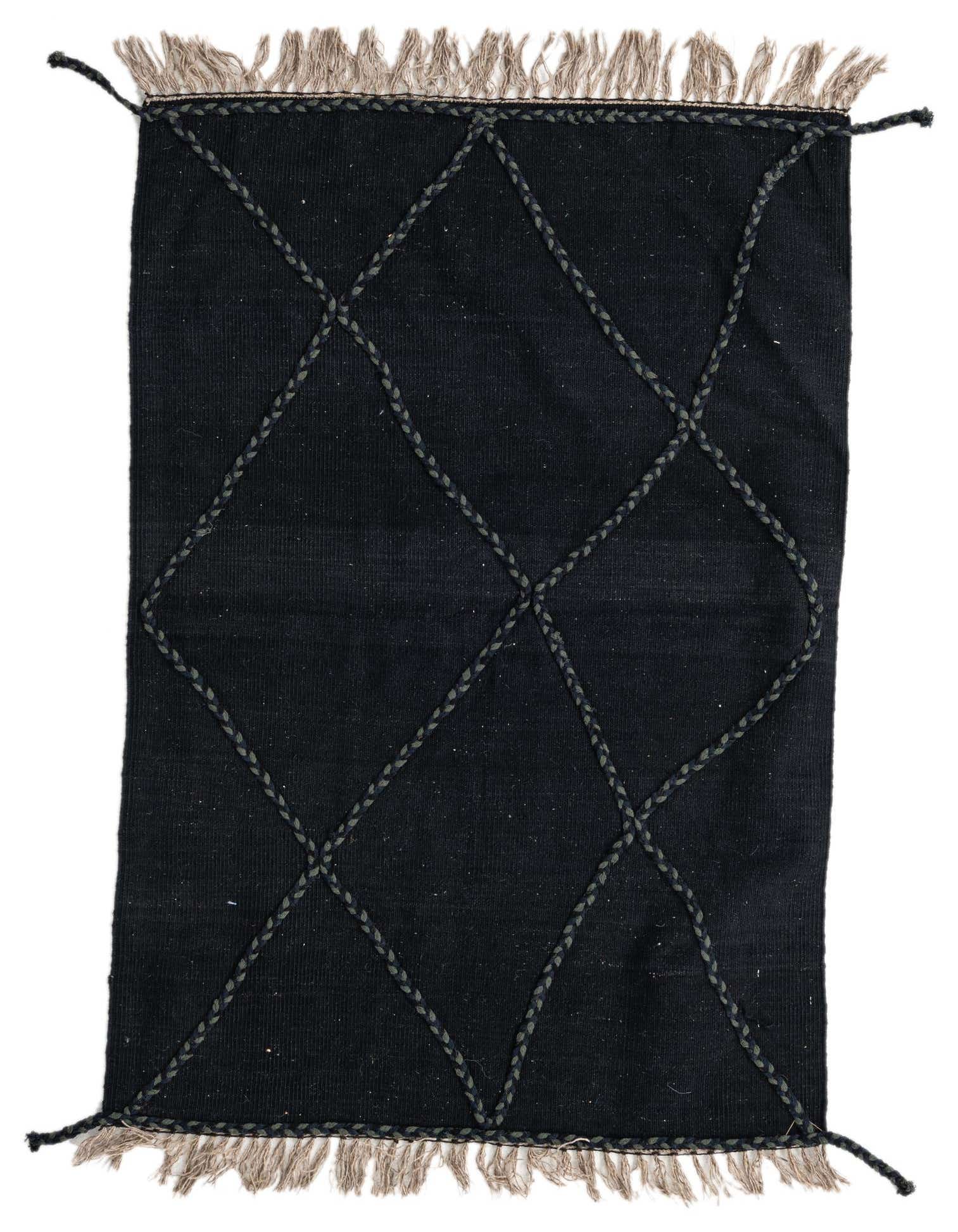 A 3x5 rectangular black tribal rug with a diamond pattern created by textured braided lines and natural fringed ends.