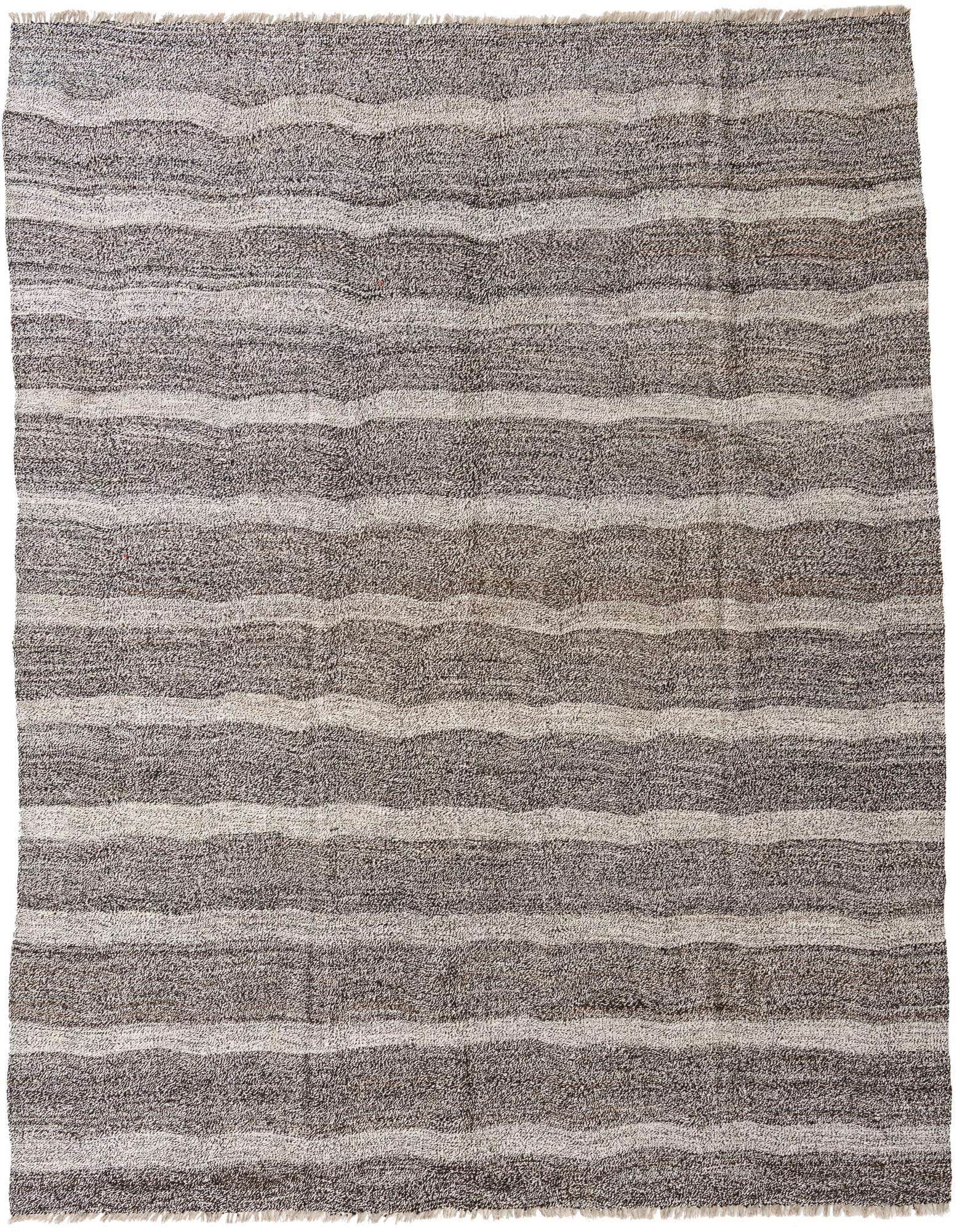 An 8x10 rectangular Kilim Modern rug with horizontal stripes in varying shades of black and gray, showcasing its flatweave texture.