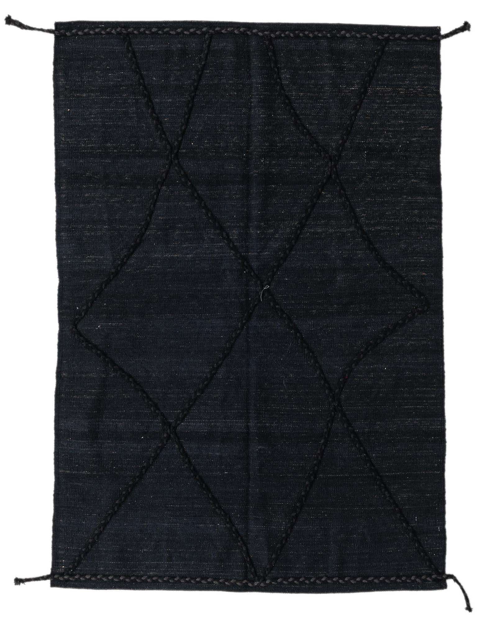 A 4x6 black rectangular flatweave wool rug with a subtle tribal diamond pattern and braided edges, suitable for a modern living space.