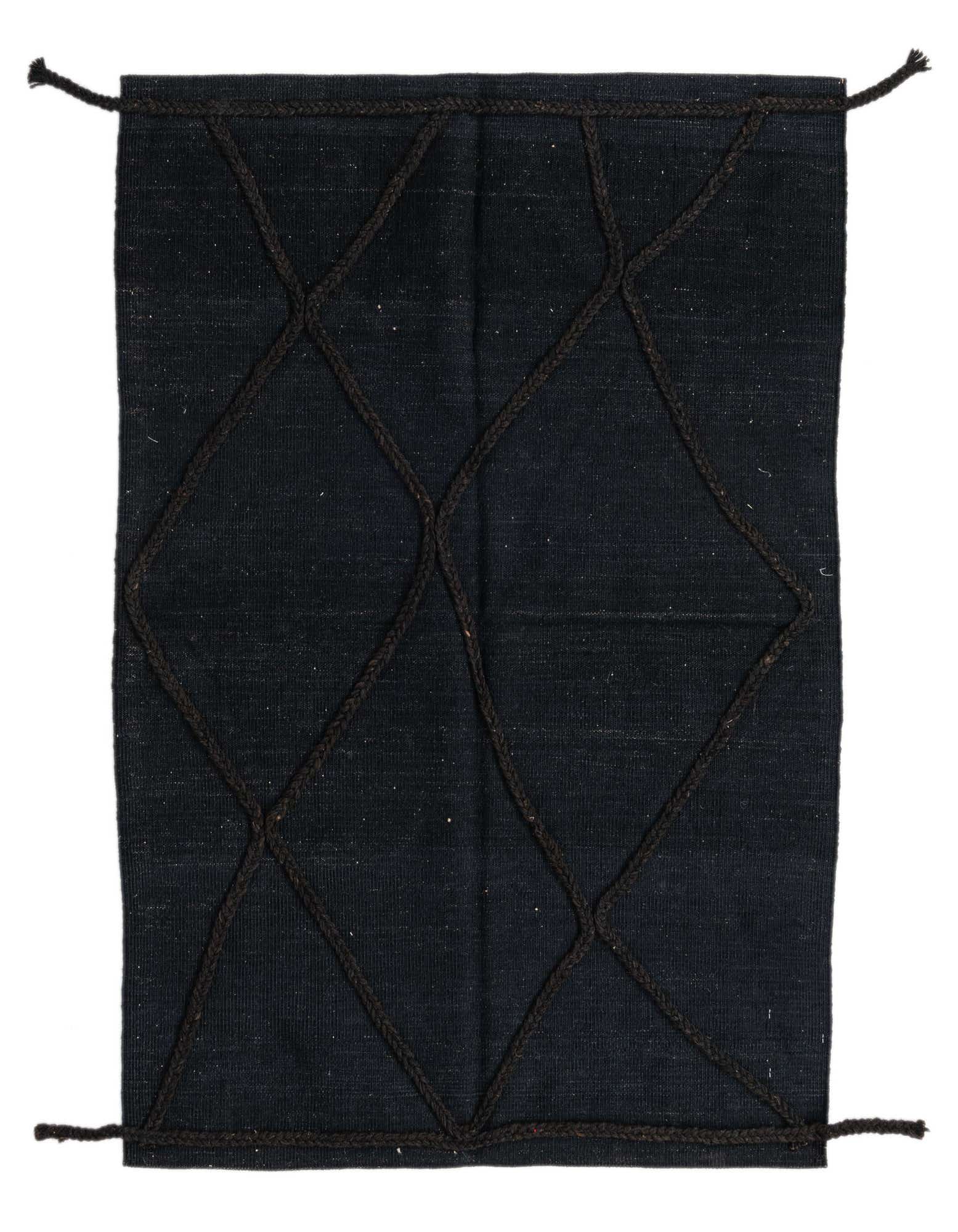 A 3x5 rectangular black flatweave wool rug with a subtle tribal diamond pattern created by textured braided lines.
