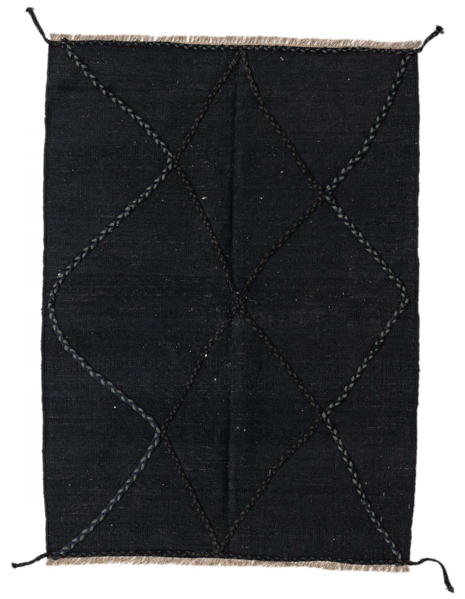 A 3x5 rectangular black flatweave wool rug with a subtle tribal diamond pattern created by textured braided lines.
