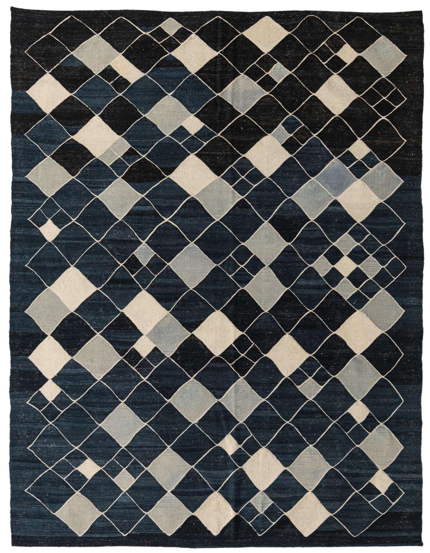 A rectangular 8x10 Kilim Modern wool rug featuring a tribal abstract diamond pattern in varying shades of black, dark blue, and cream.