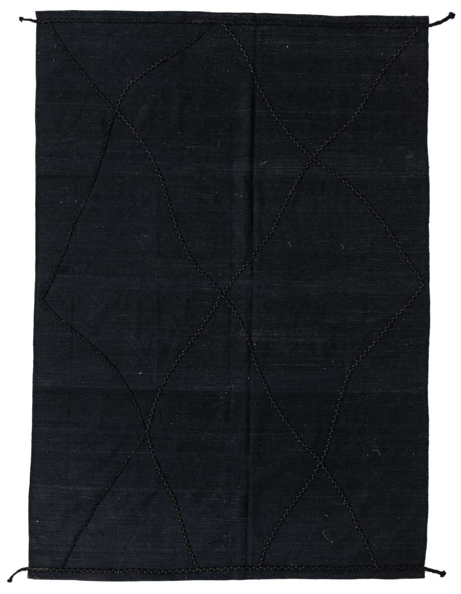 A 7x10 rectangular black wool flatweave rug with a subtle tribal geometric pattern created by textured lines.