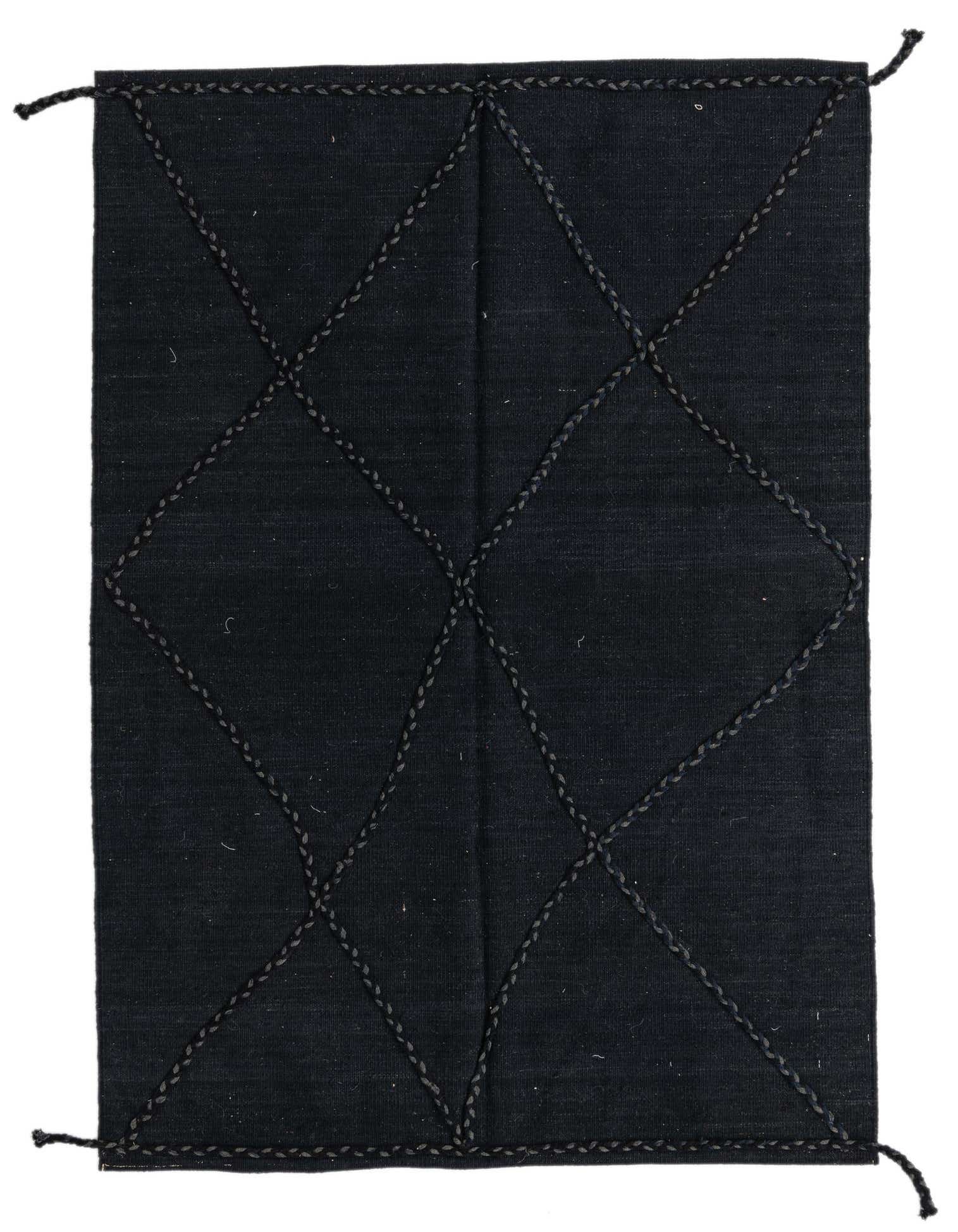 A 4x6 rectangular black flatweave rug with a subtle tribal diamond pattern created by textured dark gray stitching.