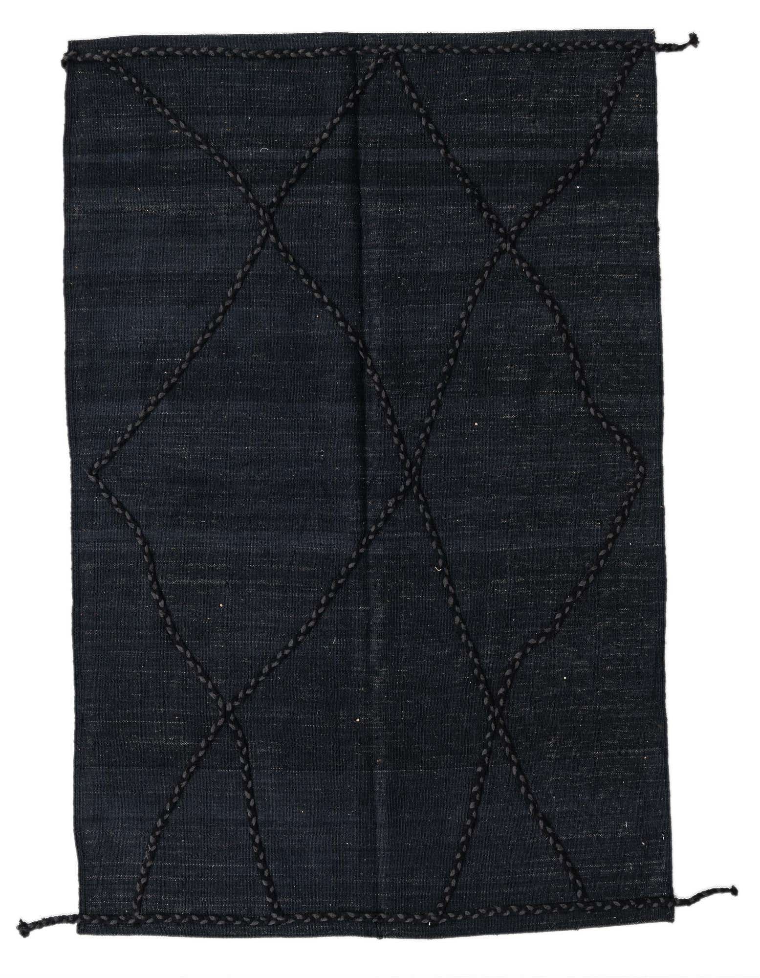 A 4x6 rectangular black flatweave wool rug with a subtle tribal diamond pattern created by raised braided lines.