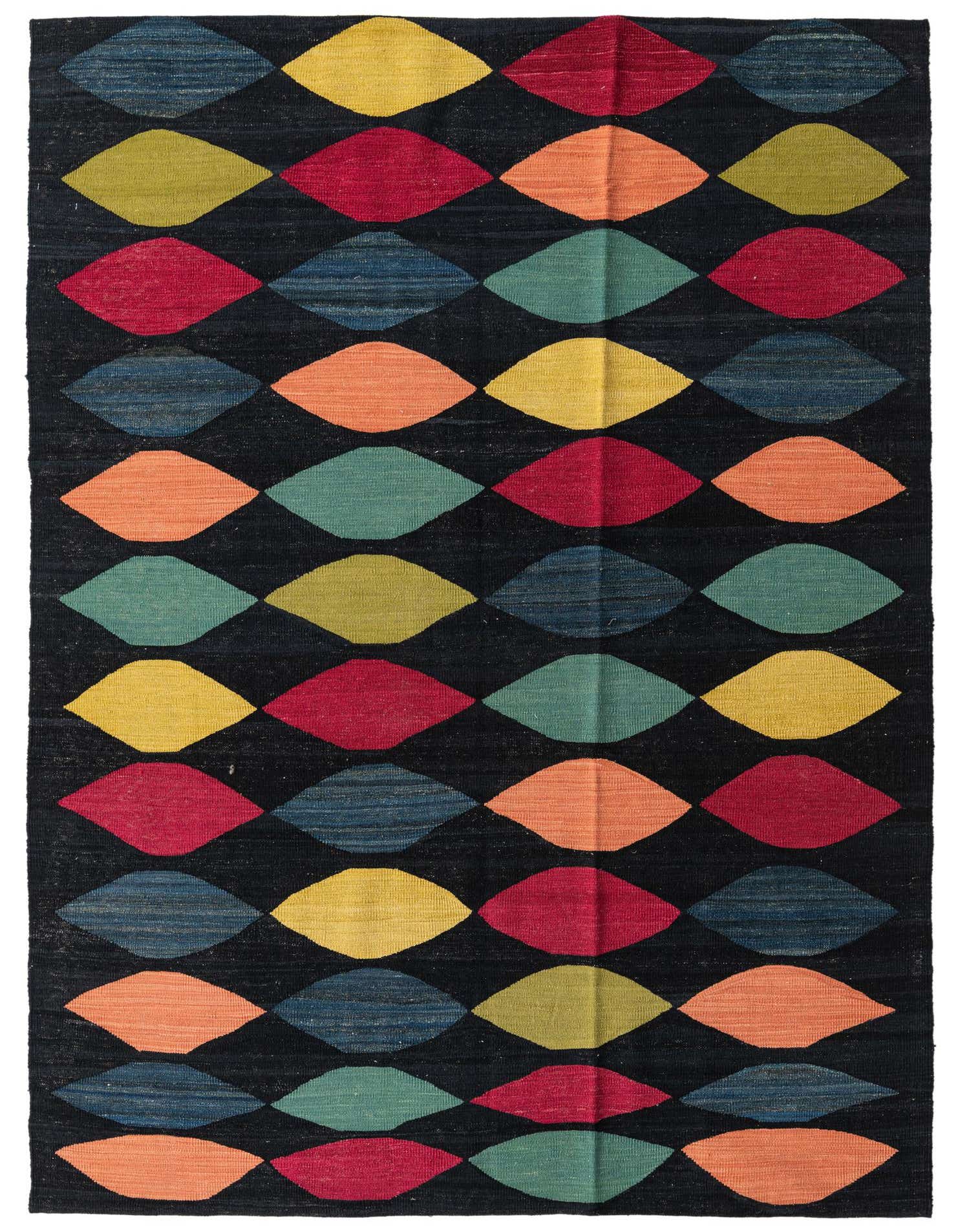 A 5x8 rectangular Kilim Modern rug with a black background and colorful tribal-style abstract leaf shapes in red, yellow, orange, blue, and green.