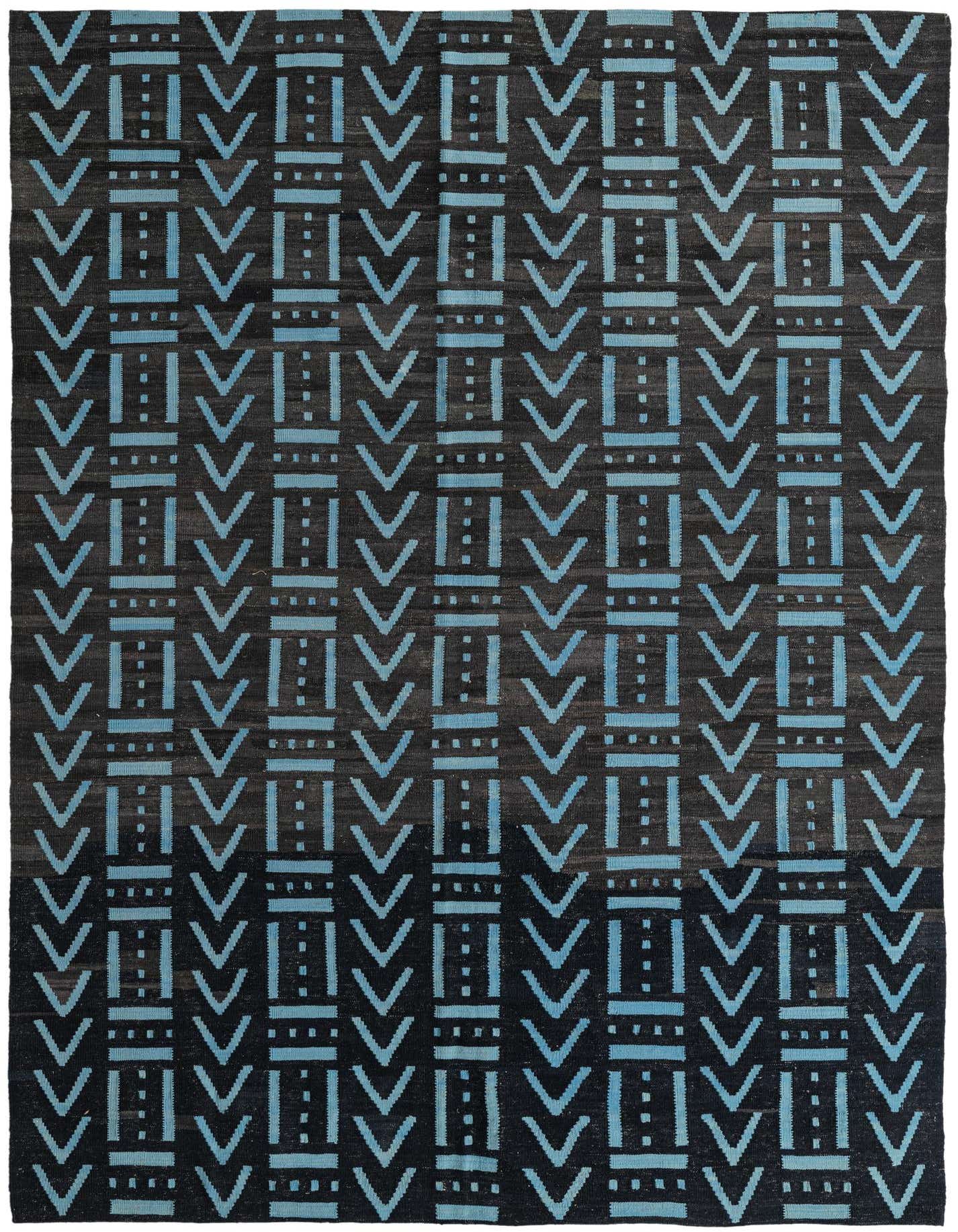 A 7x10 rectangular Rugs.com Kilim Modern rug featuring a black background with repeating light blue tribal geometric patterns.