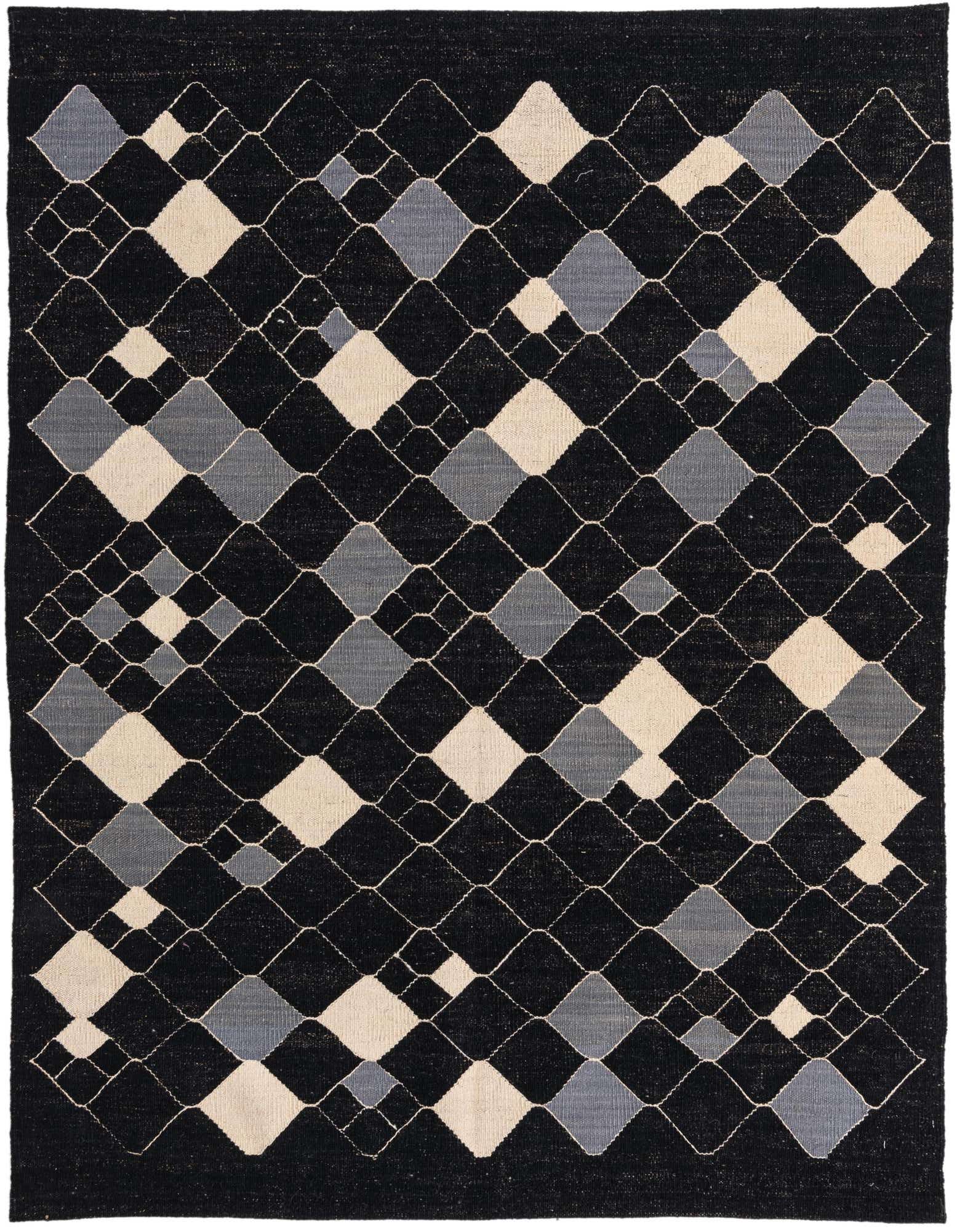 A 5x8 rectangular black flatweave rug with a modern tribal diamond pattern in black, light gray, and cream.