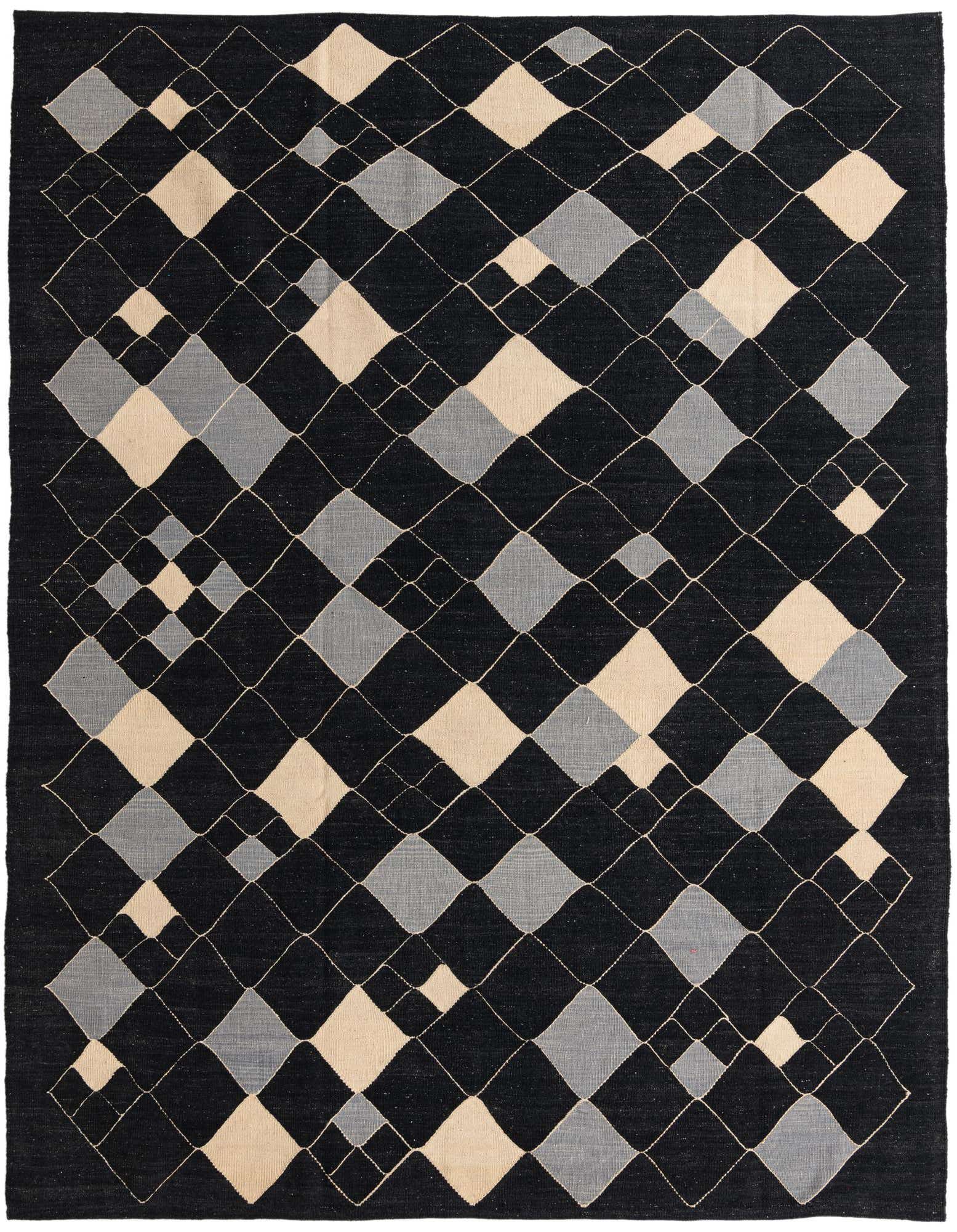 An 8x10 rectangular flatweave rug featuring a modern tribal pattern with black, light gray, and beige diamond shapes.