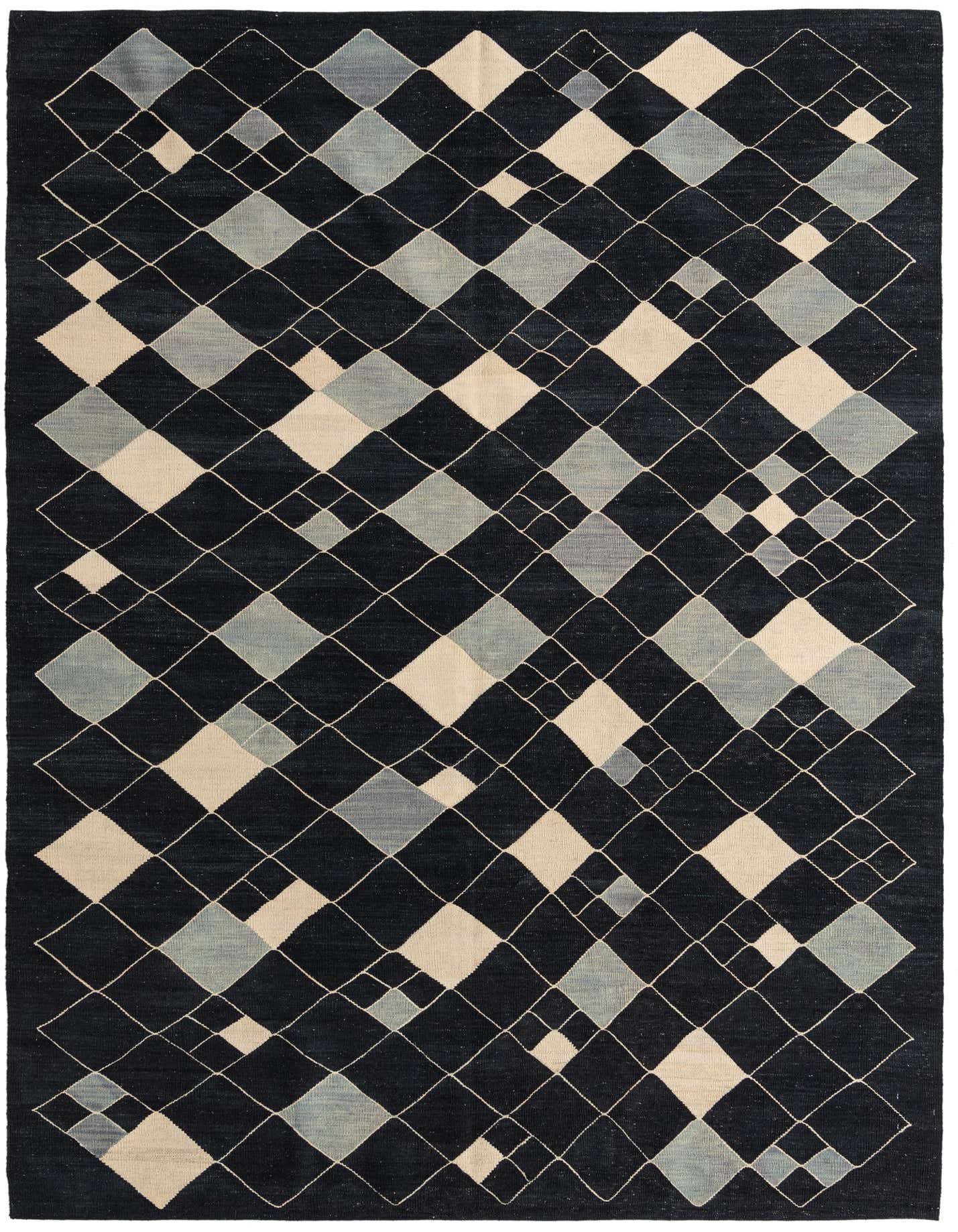 A 7x10 rectangular black wool rug with a modern tribal pattern of light blue and cream diamonds outlined in thin white lines.