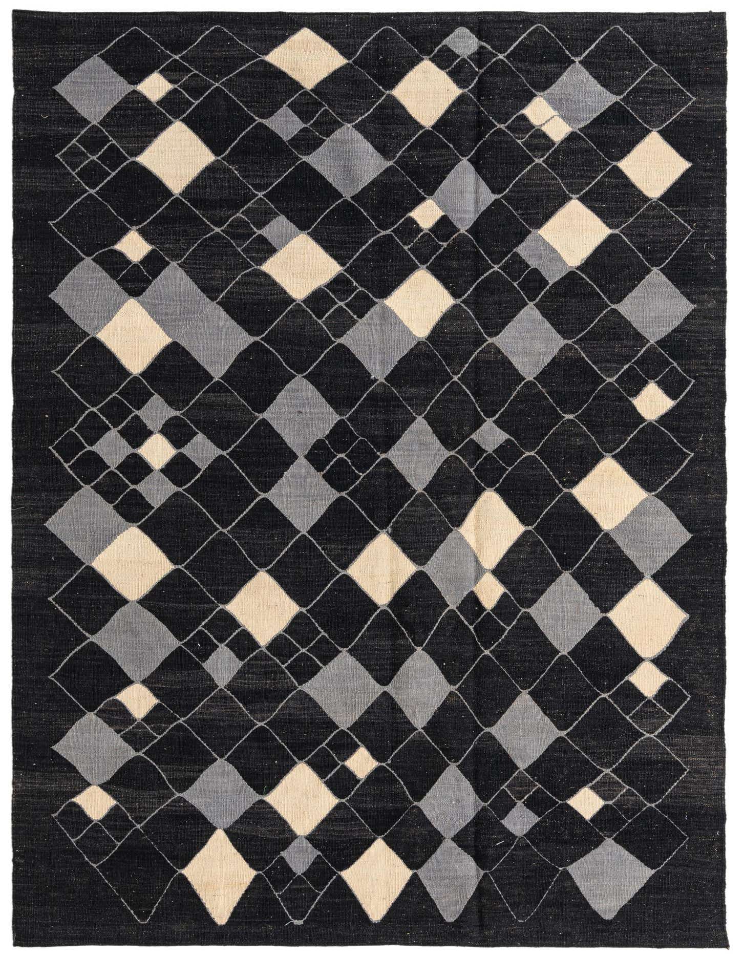 A 5x8 rectangular Kilim Modern rug featuring a tribal abstract pattern of black, grey, and cream diamonds.