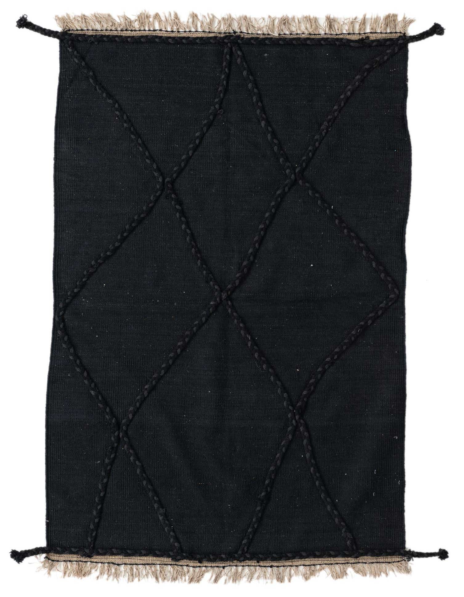 A 3x5 rectangular black flatweave wool rug with a raised diamond pattern and natural fringe.