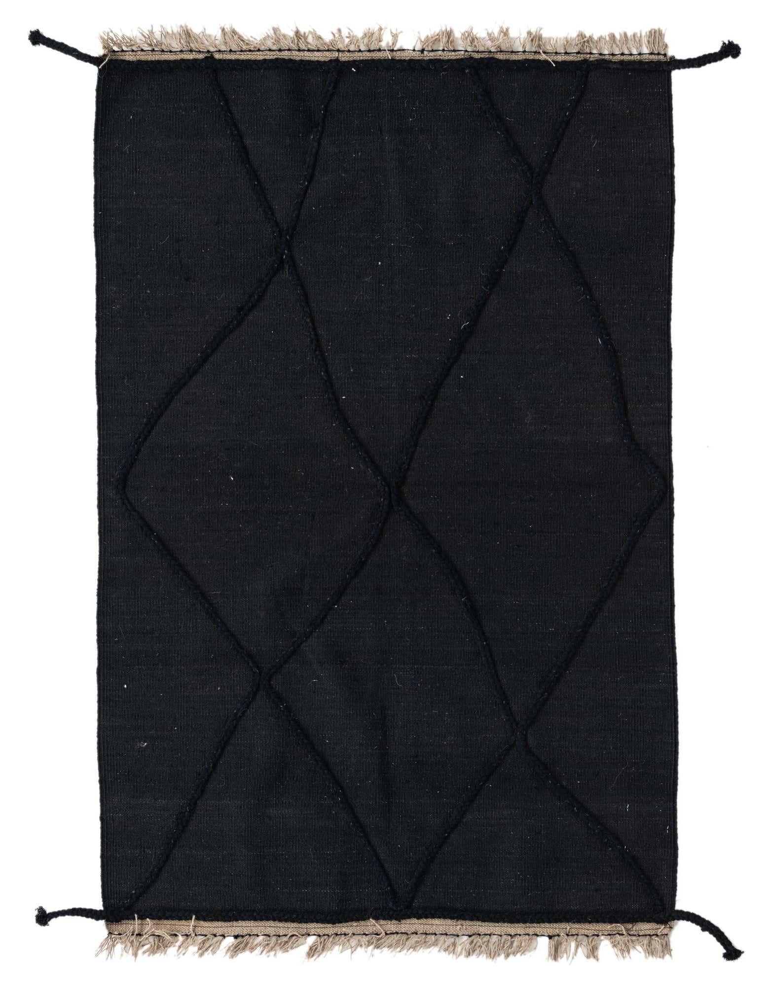 A 3x5 rectangular black flatweave wool rug with a subtle tribal diamond pattern and fringed edges.