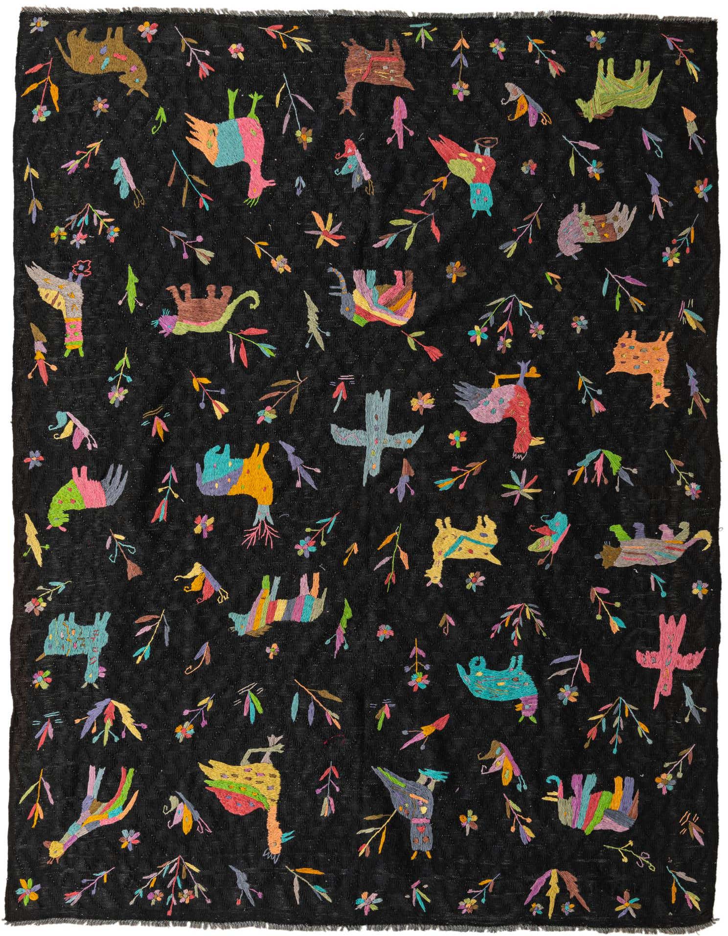 A 7x10 rectangular black Kilim Suzani rug featuring colorful, whimsical tribal animal and floral patterns, handmade from wool.