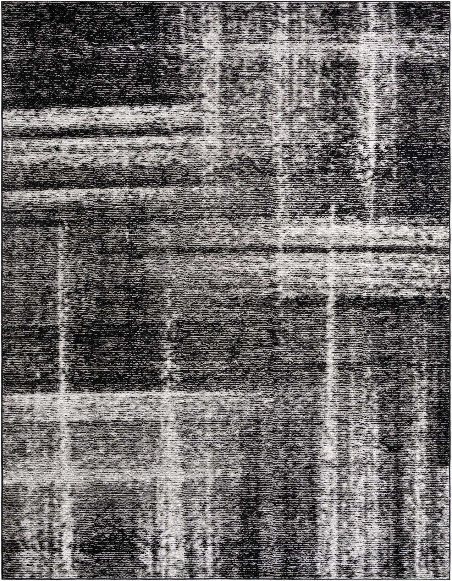 A 10x14 rectangular black polypropylene rug with a distressed, abstract pattern, suitable for a living room or patio.