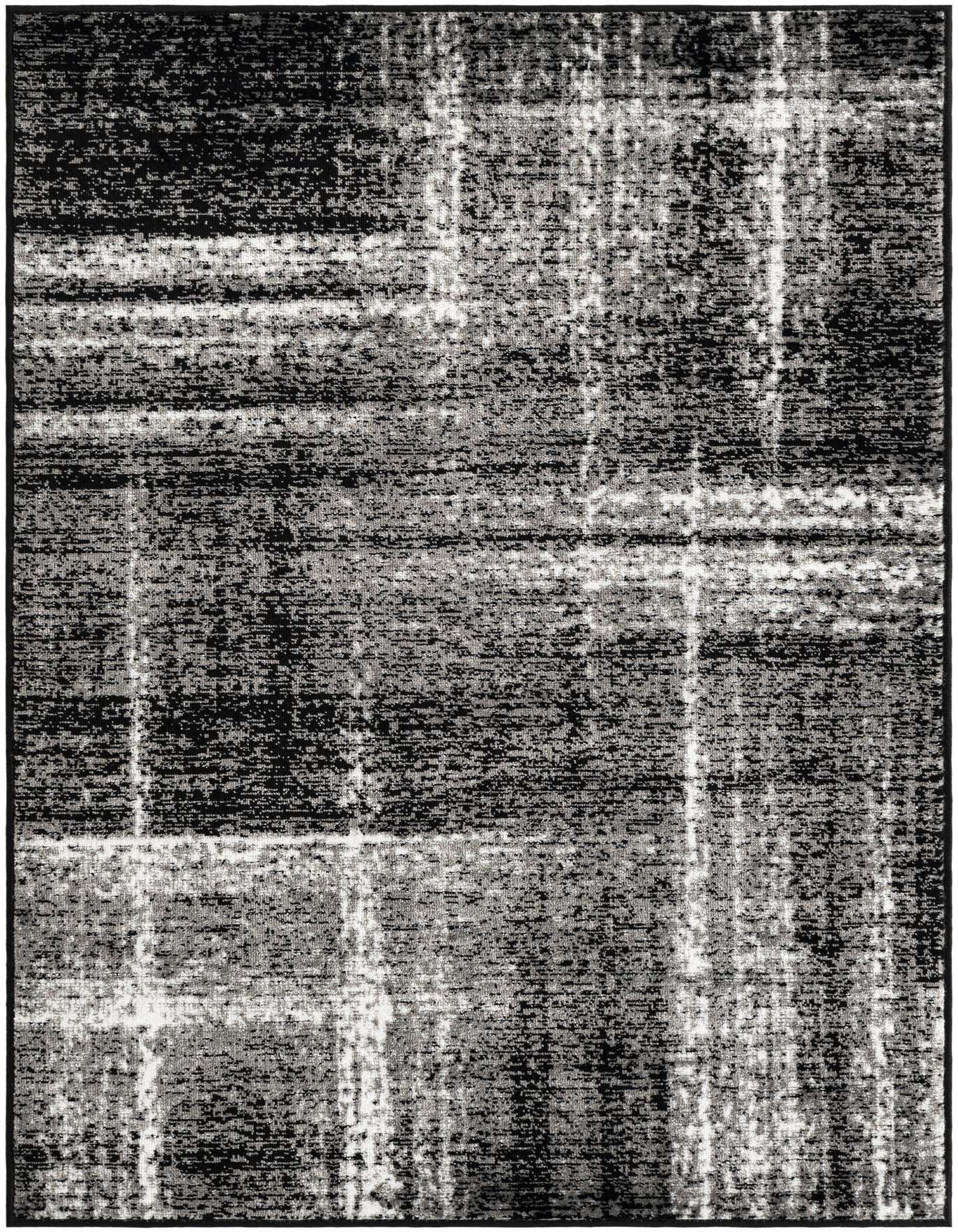 A 4x6 rectangular Laguna area rug in black and gray with a distressed, abstract pattern, suitable for various indoor rooms.