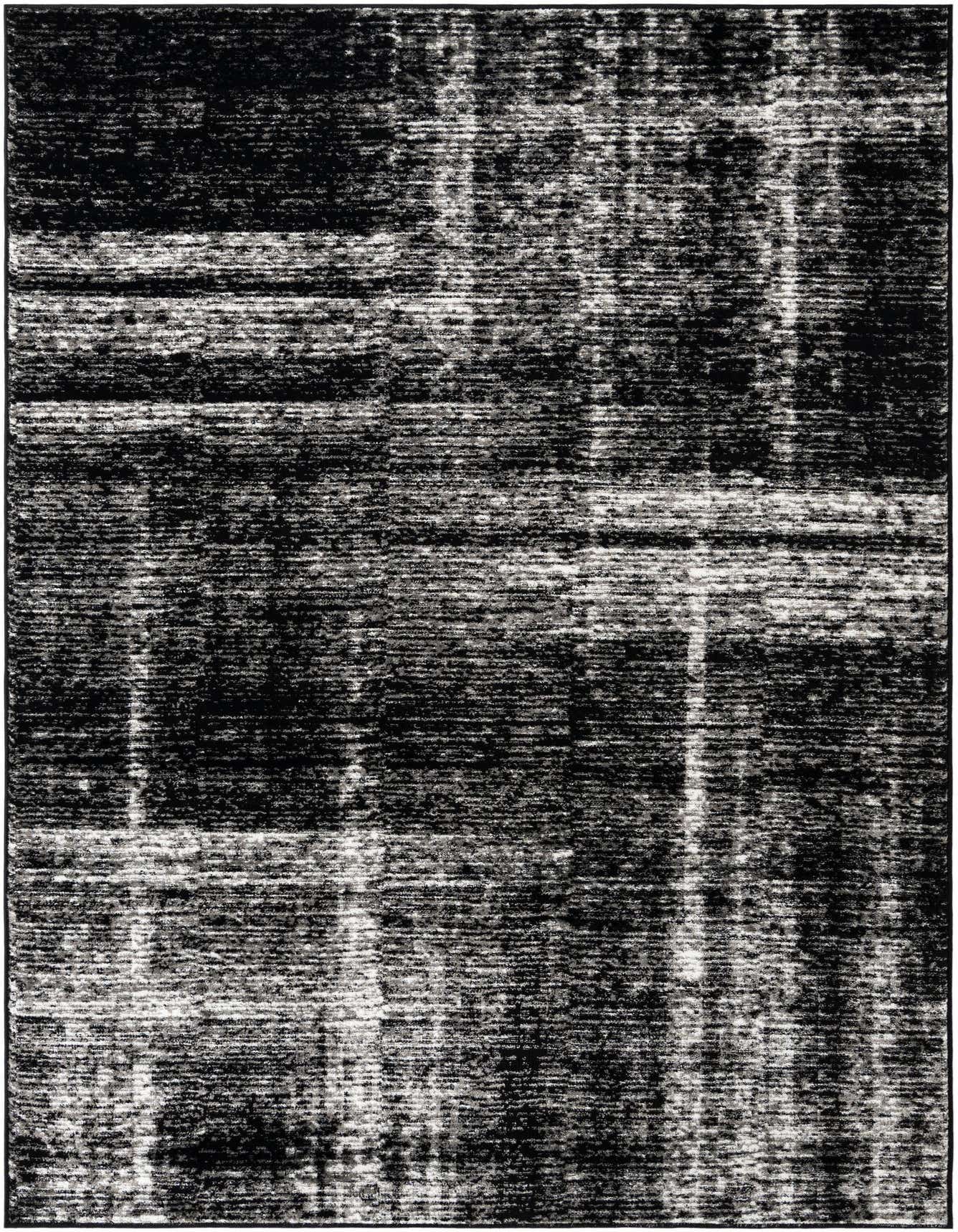 A 6x9 rectangular black area rug with a distressed, abstract pattern featuring lighter gray and white streaks.