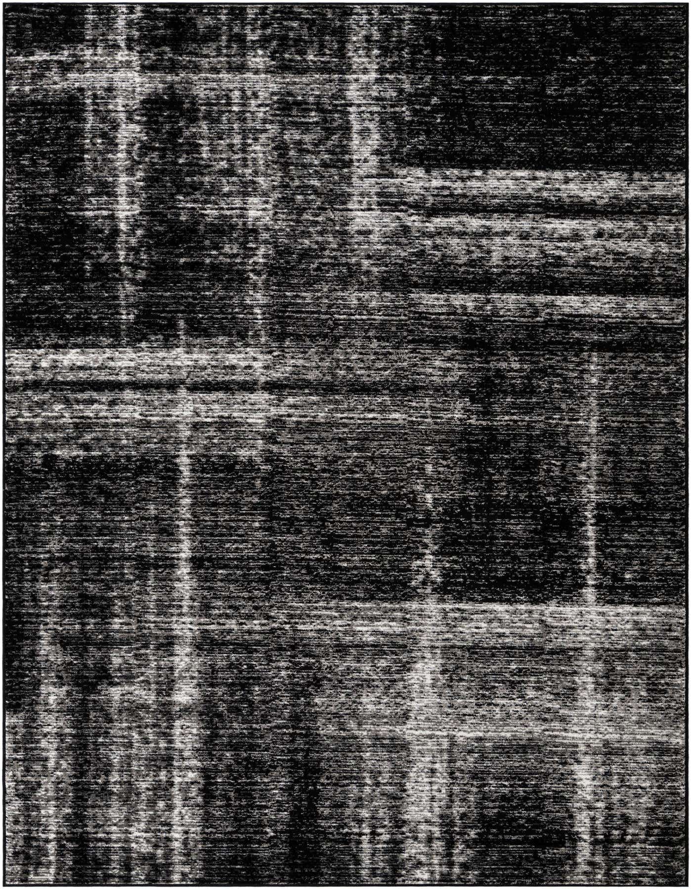 A 7x10 rectangular black area rug with a distressed, abstract pattern featuring horizontal and vertical faded lines, suitable for a living room.