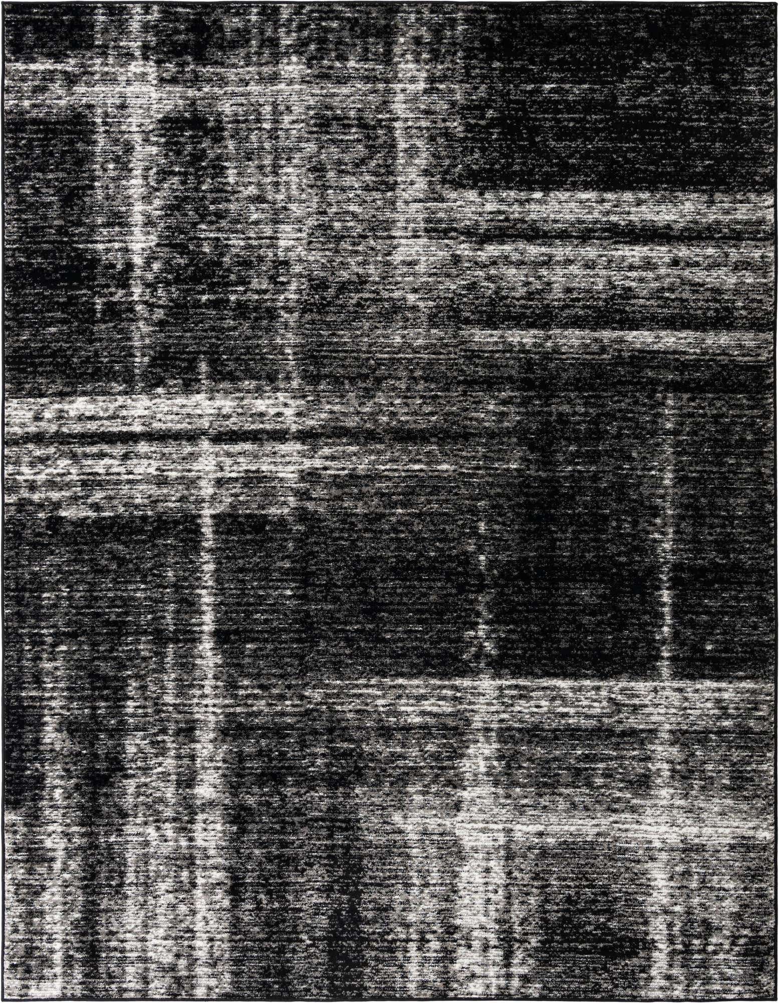 A rectangular 8x10 black and charcoal area rug with a distressed, abstract linear pattern, suitable for a living room.