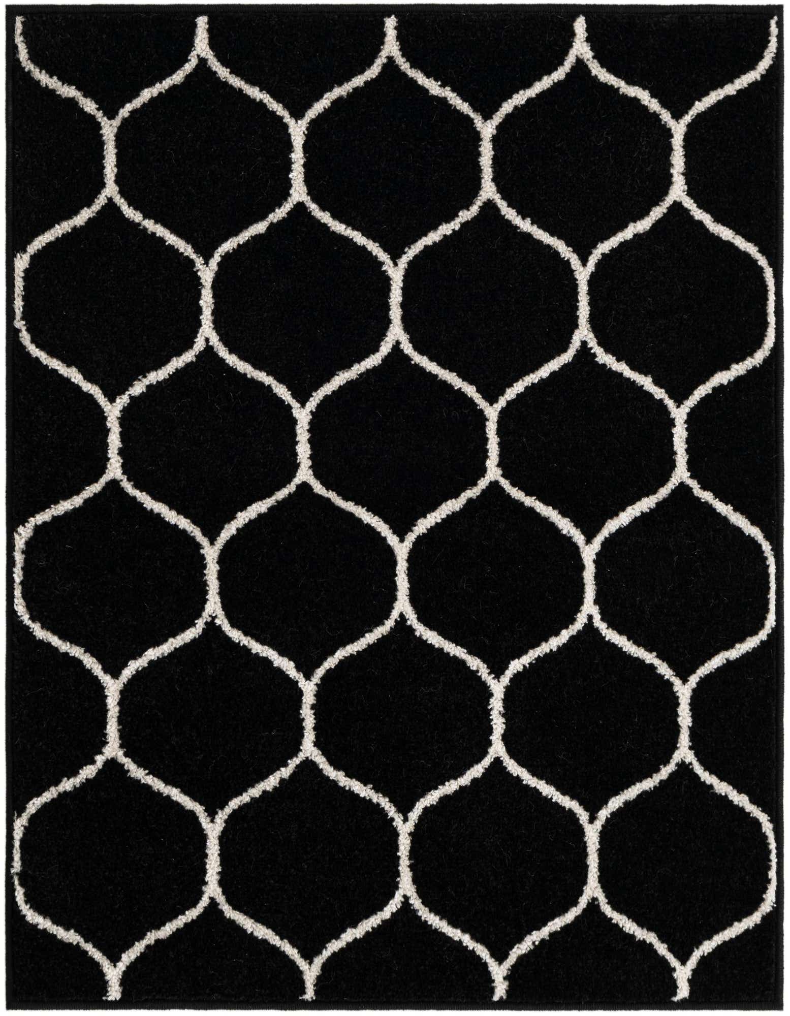 2x3 rectangular black rug with a repeating white modern lattice pattern, suitable for an entryway or kitchen.