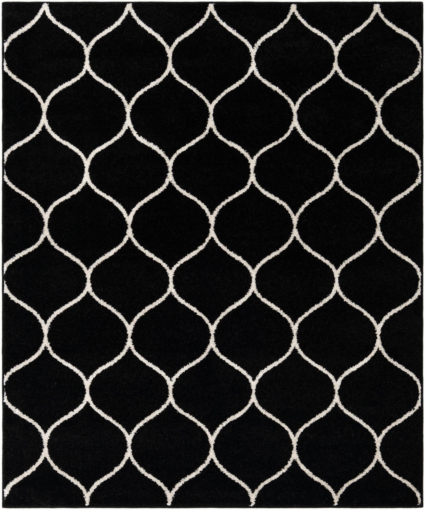 A 5x7 rectangular black rug with a repeating white modern lattice pattern, suitable for a living room or bedroom.
