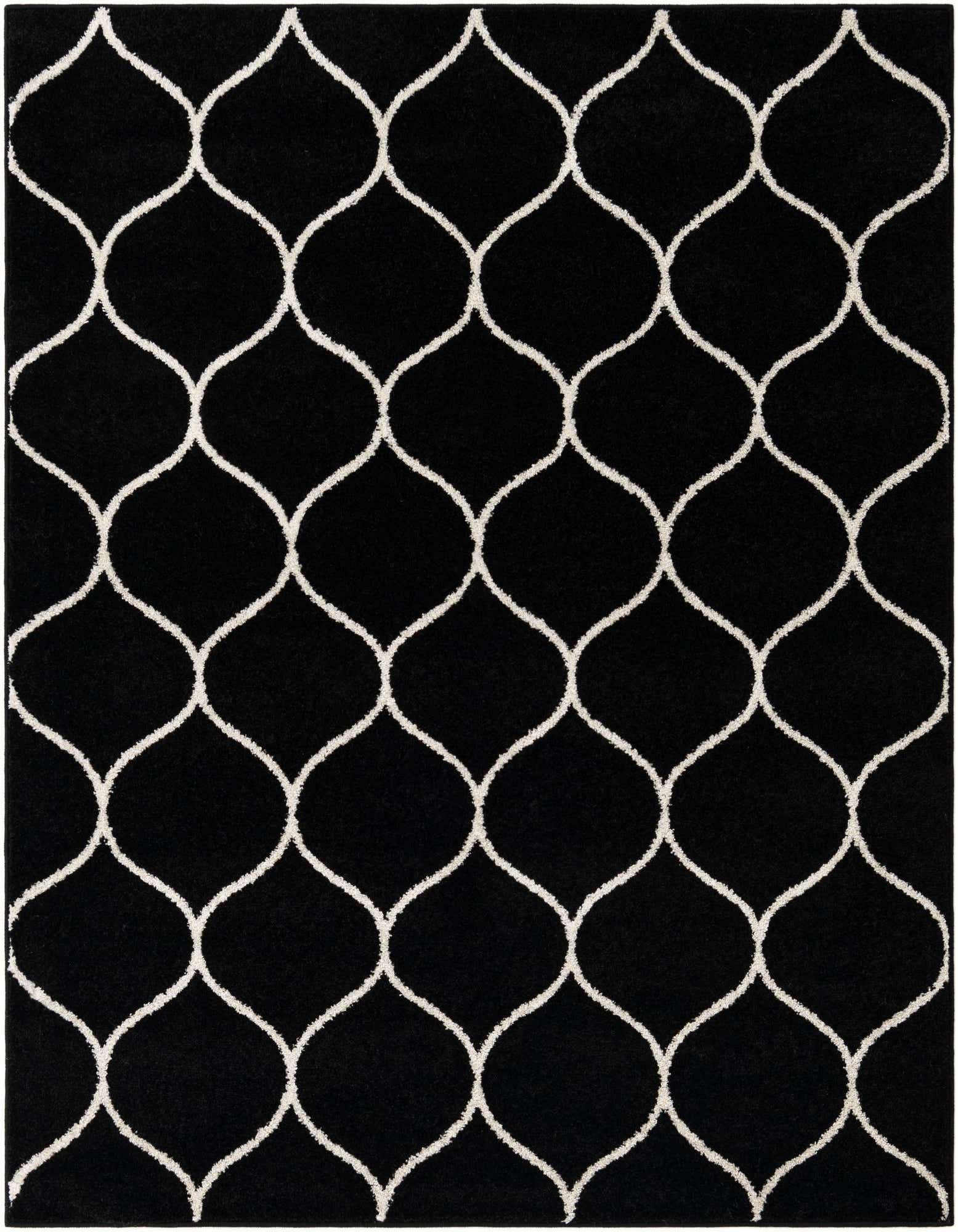 A 5x7 rectangular black rug with a repeating white modern lattice pattern, suitable for a living room or bedroom.