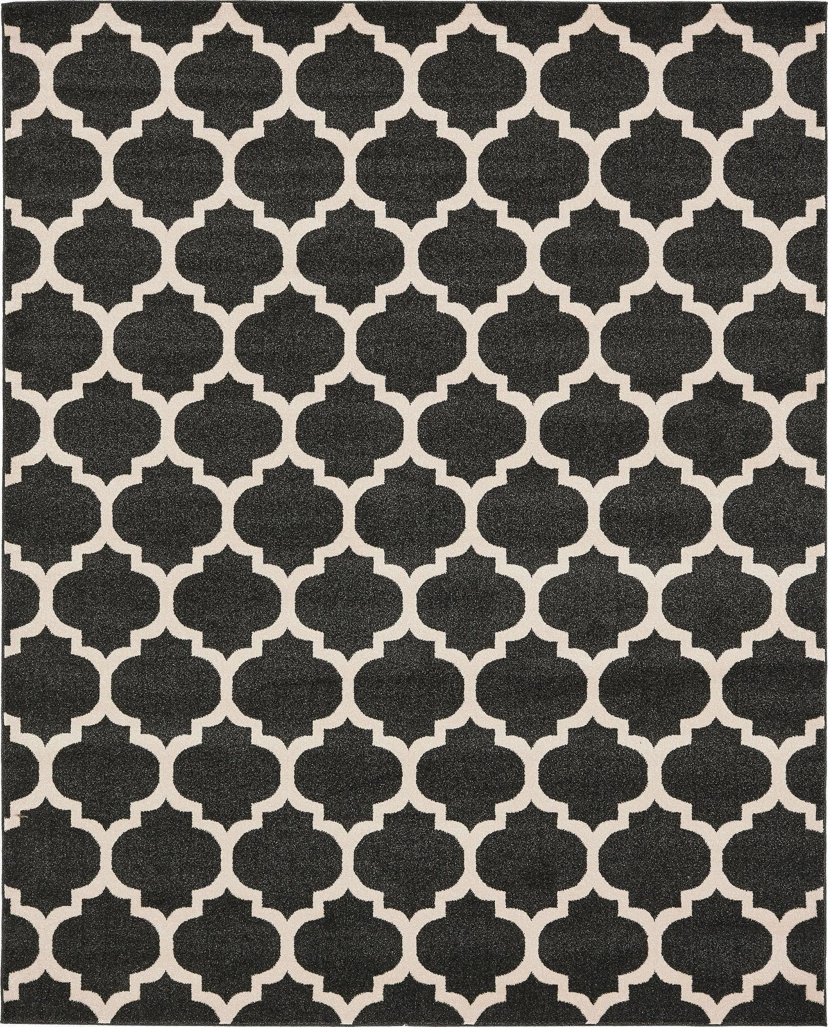 A rectangular 8x10 black and off-white modern trellis rug, featuring a repeating geometric lattice pattern.