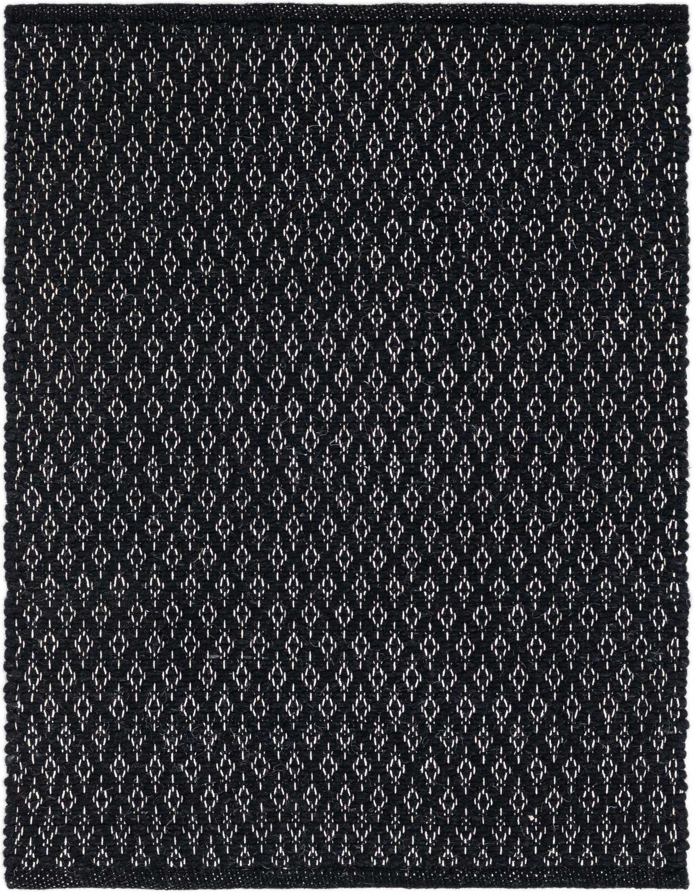 A 2x3 rectangular black rug with a repeating modern lattice pattern in white, showcasing its textured flatweave.