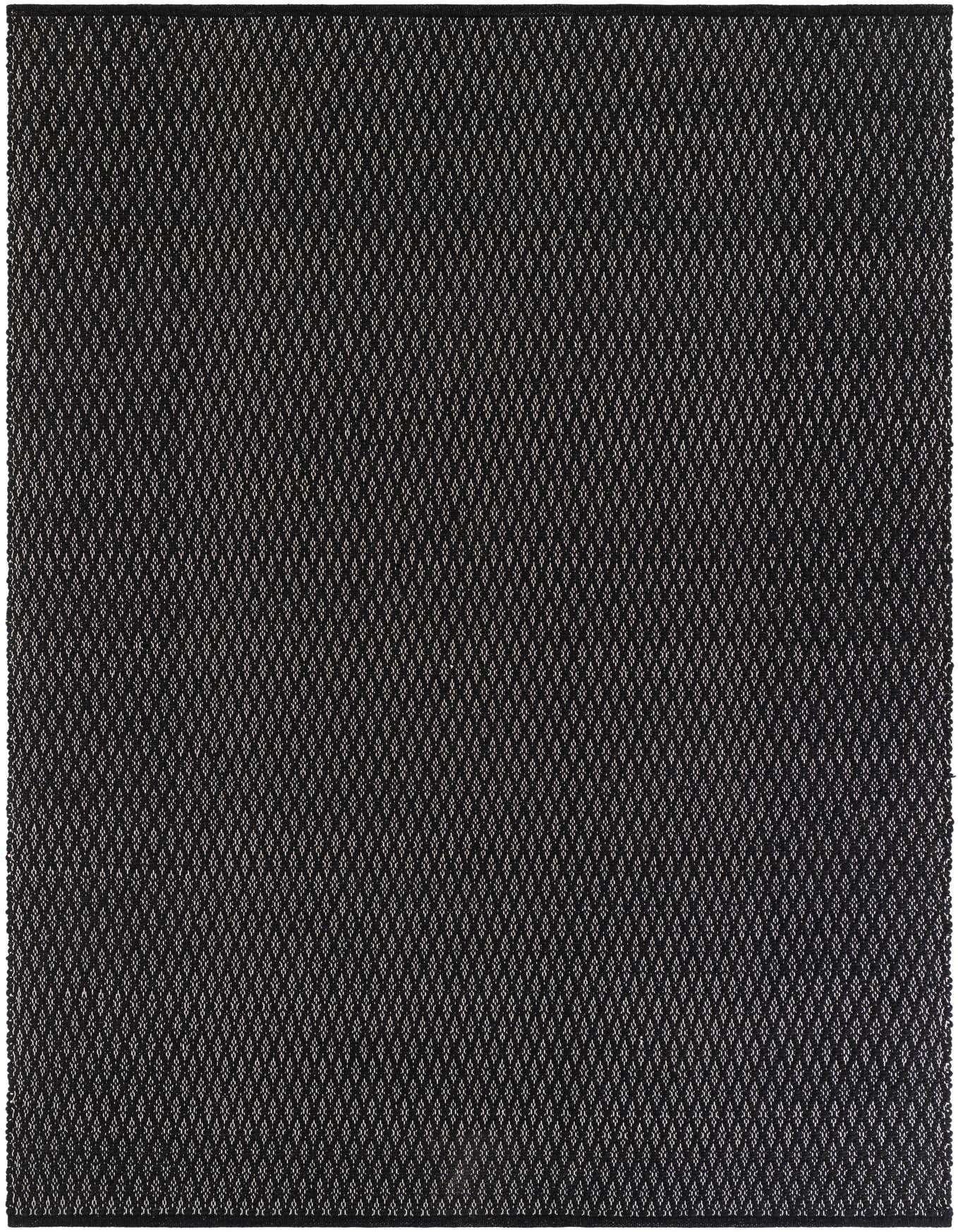 A 6x9 rectangular black modern area rug with a subtle lattice pattern made from wool and cotton.