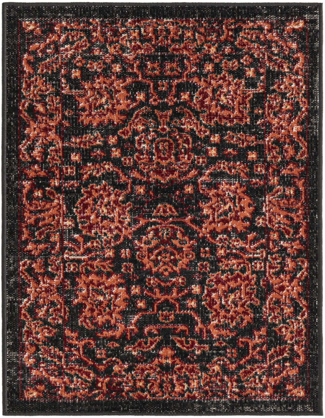 A 2x3 rectangular black rug with a distressed traditional pattern in shades of orange and red, suitable for an entryway or kitchen.