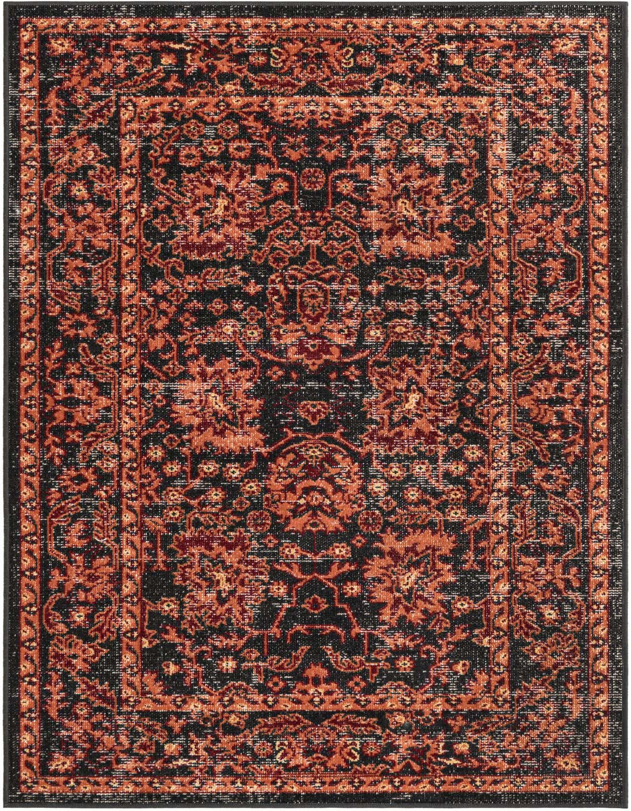 A 3x5 rectangular black rug with a distressed traditional pattern in shades of rust and orange, suitable for indoor spaces.