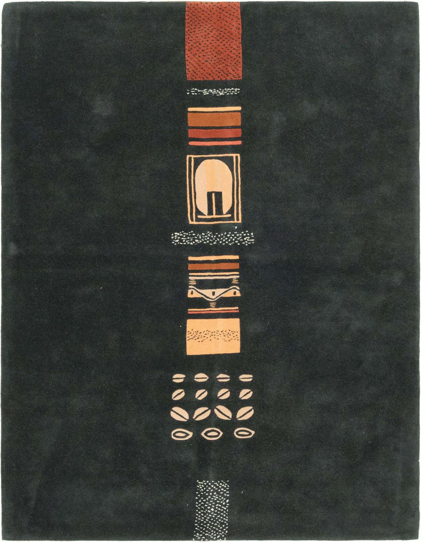 A 6x9 rectangular black wool rug featuring a central modern abstract design in terracotta, brown, and cream.