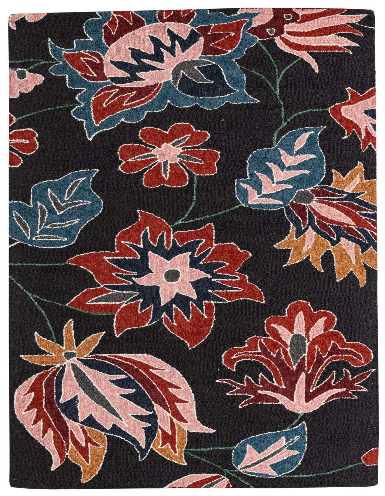 A 5x8 rectangular black rug with a modern floral pattern in shades of red, pink, blue, and gold.