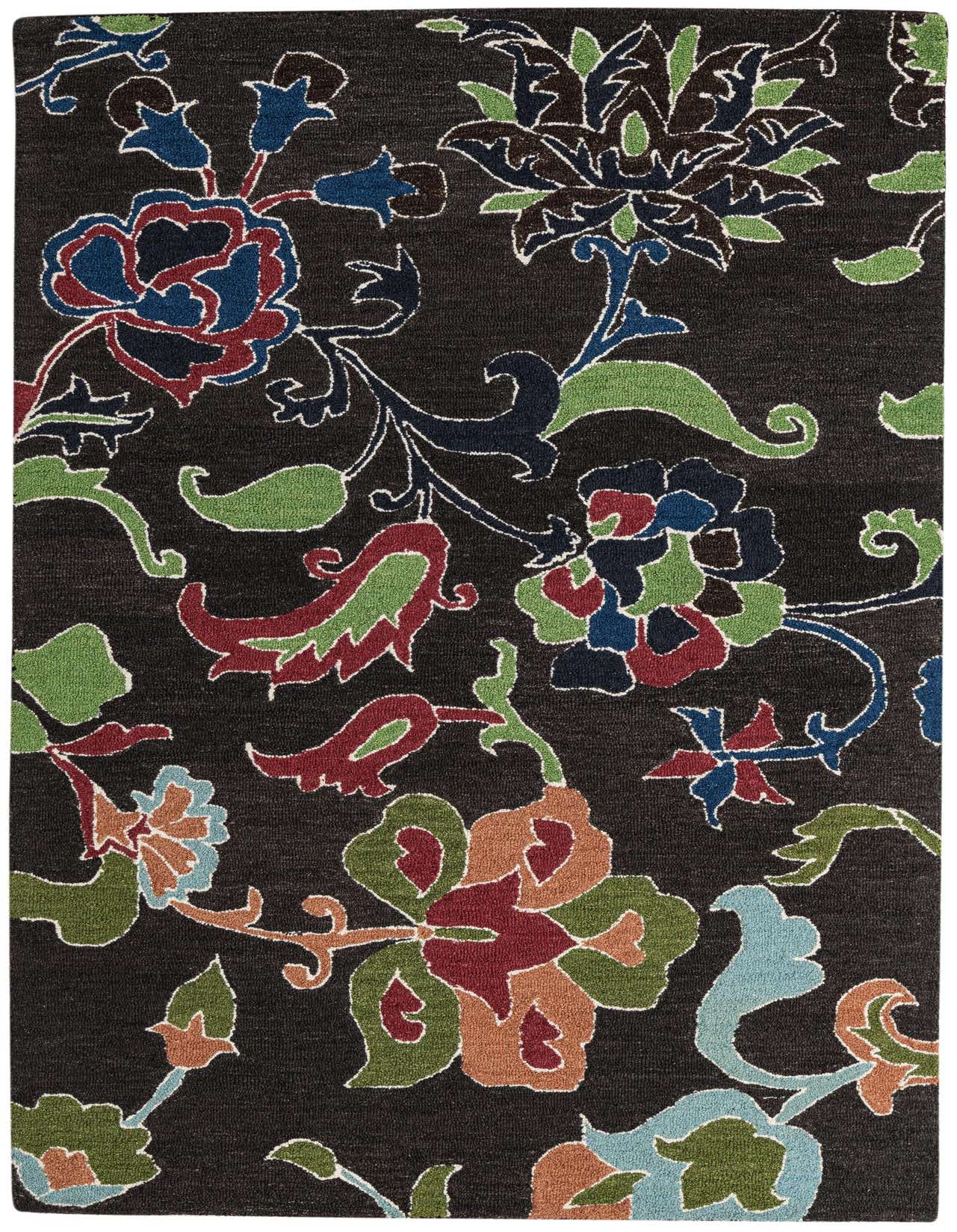 A 5x8 rectangular black modern rug featuring a high pile and a vibrant floral pattern in blue, red, green, and orange.