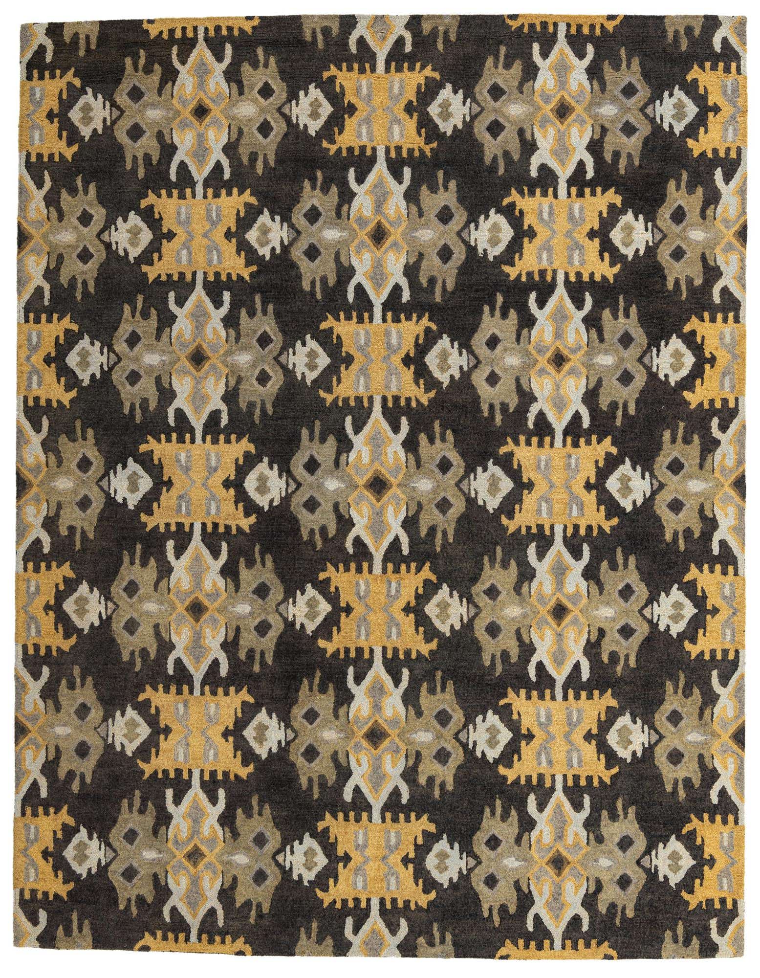 An 8x10 rectangular Luna rug with a modern abstract pattern in black, gold, and grey tones.