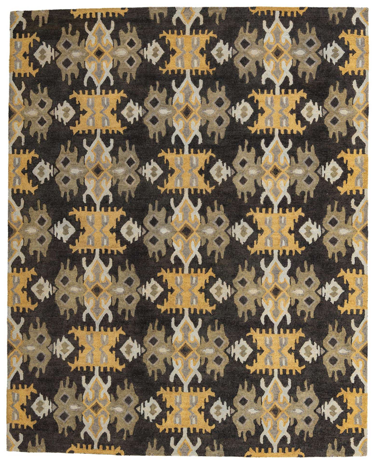 An 8x10 rectangular Luna rug with a modern abstract pattern in black, gold, and grey tones.