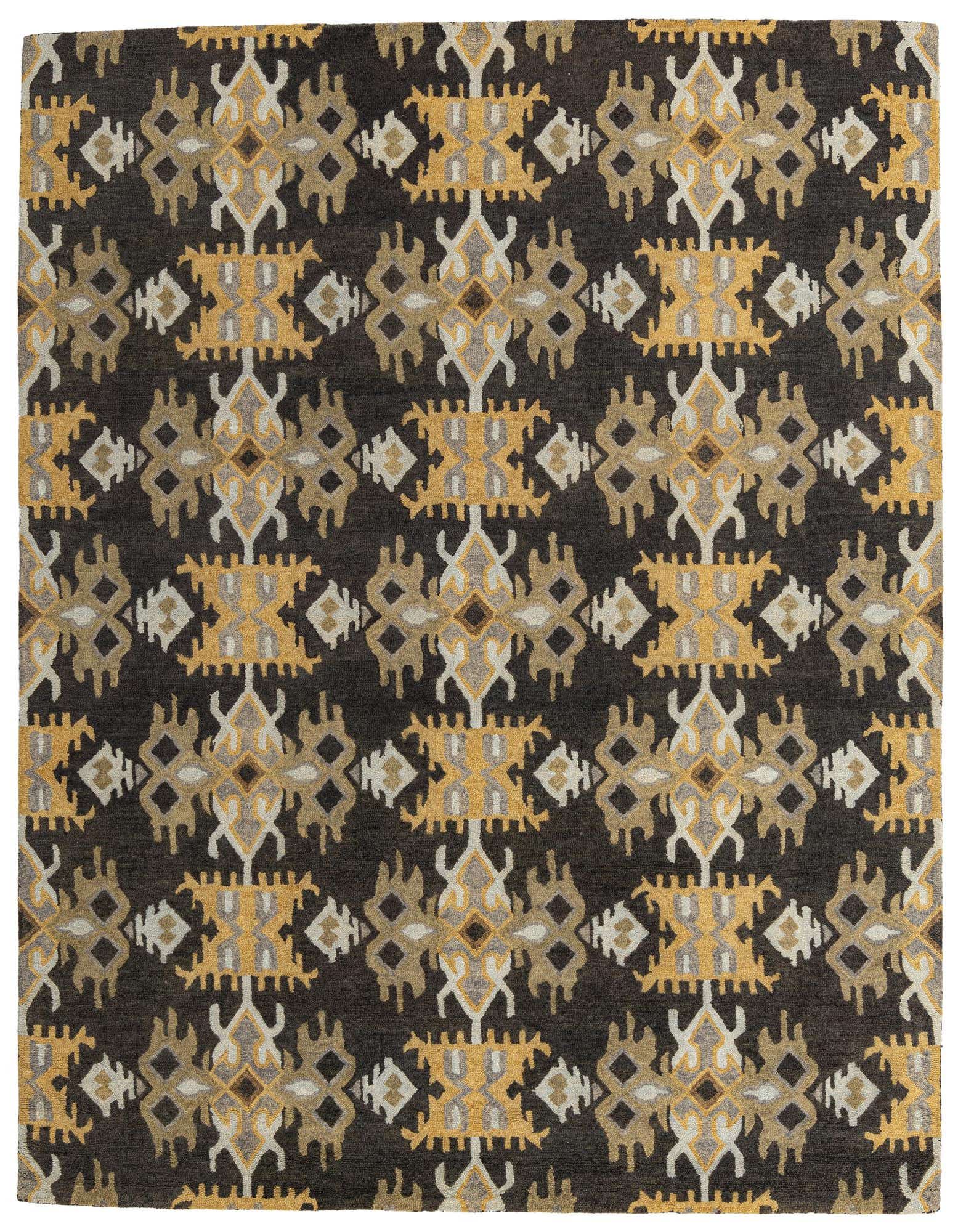 A rectangular 8x10 Luna Collection rug with a dark black background and abstract traditional patterns in gold, beige, and light gray.