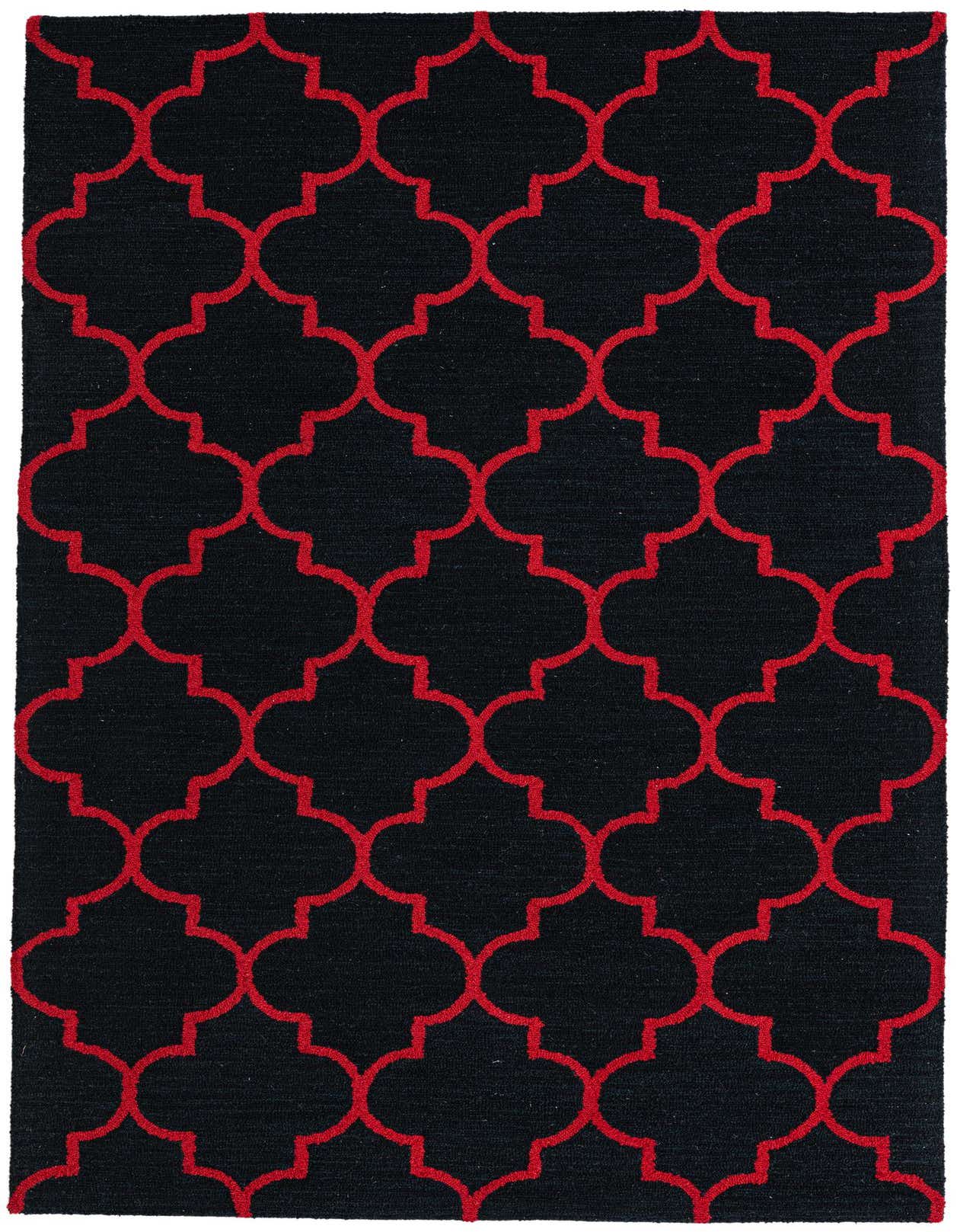 A 5x8 rectangular Luna rug with a bold black background and a vibrant red modern abstract quatrefoil pattern, handmade from wool and cotton.
