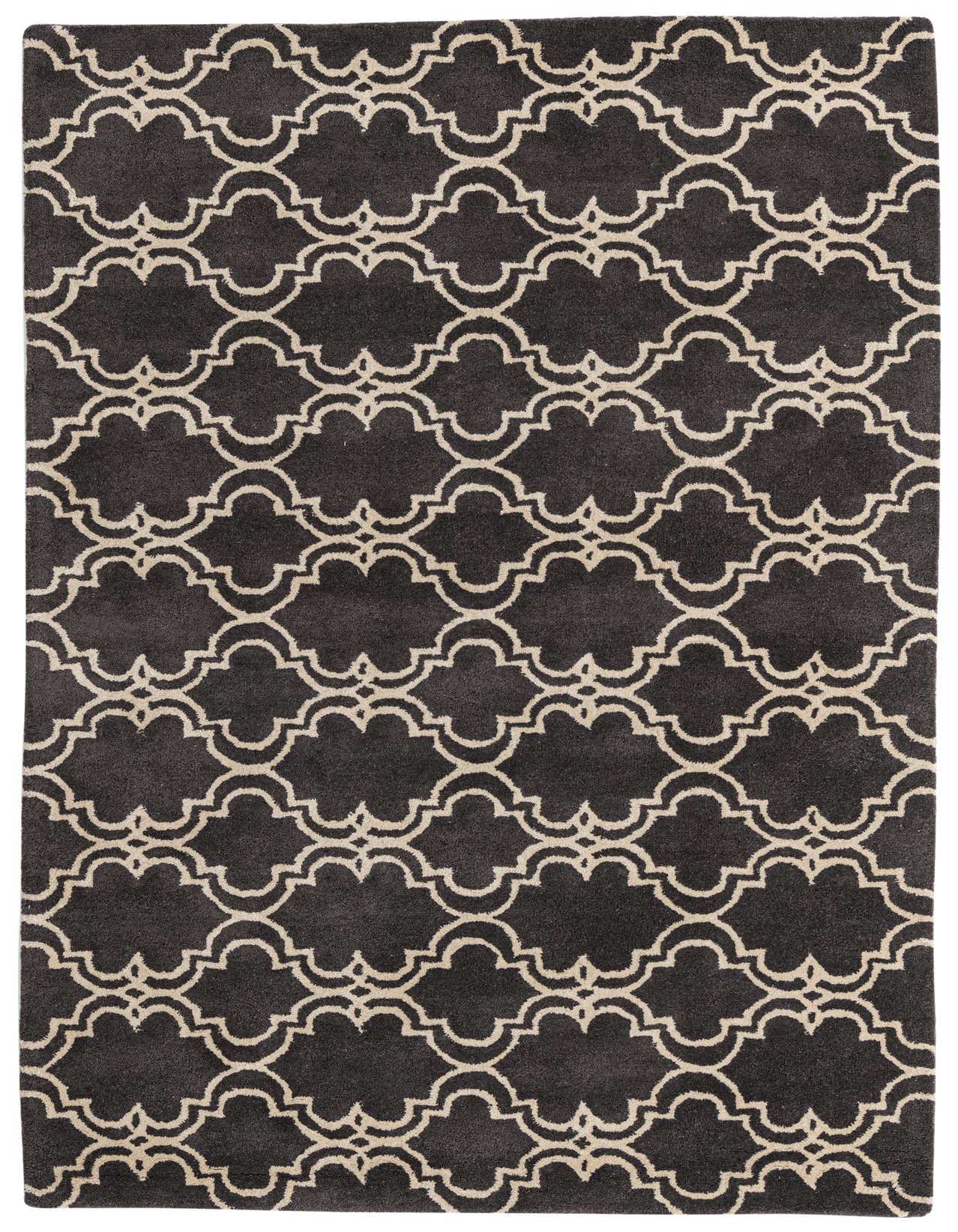 A 5x8 rectangular black and off-white modern abstract rug with a high pile, perfect for a living room.