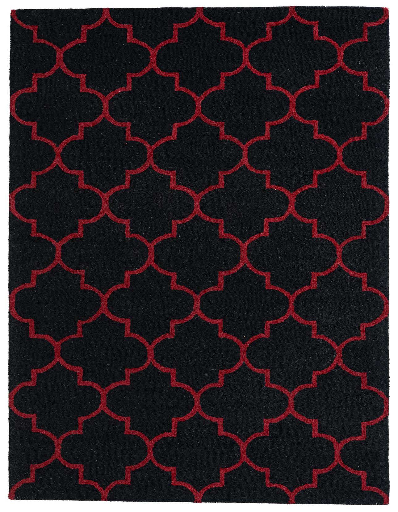 A 5x8 rectangular black area rug with a repeating modern red abstract quatrefoil pattern, suitable for a living room.