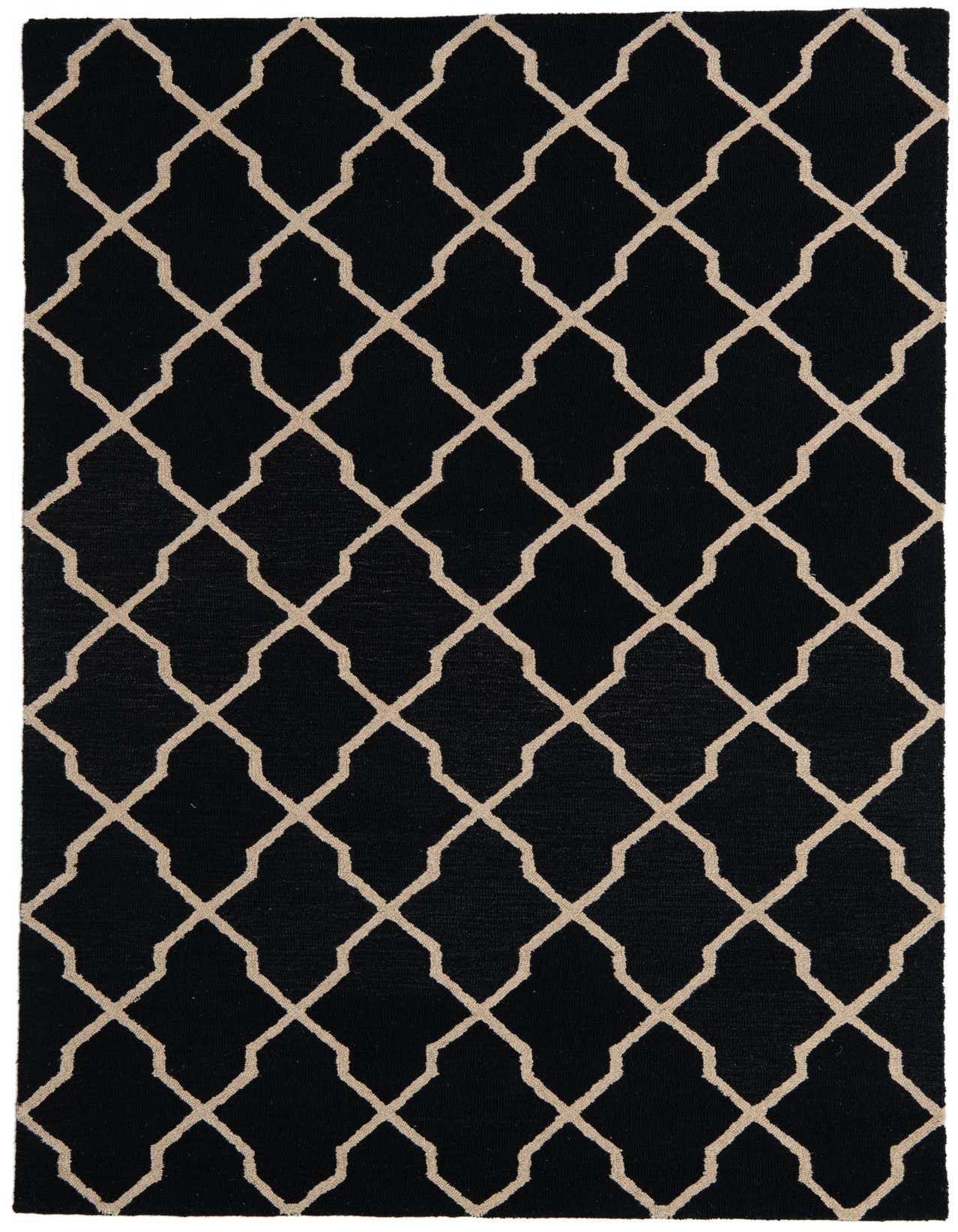 A 5x8 rectangular Luna rug by Rugs.com, featuring a black background with a repeating beige modern abstract geometric pattern.