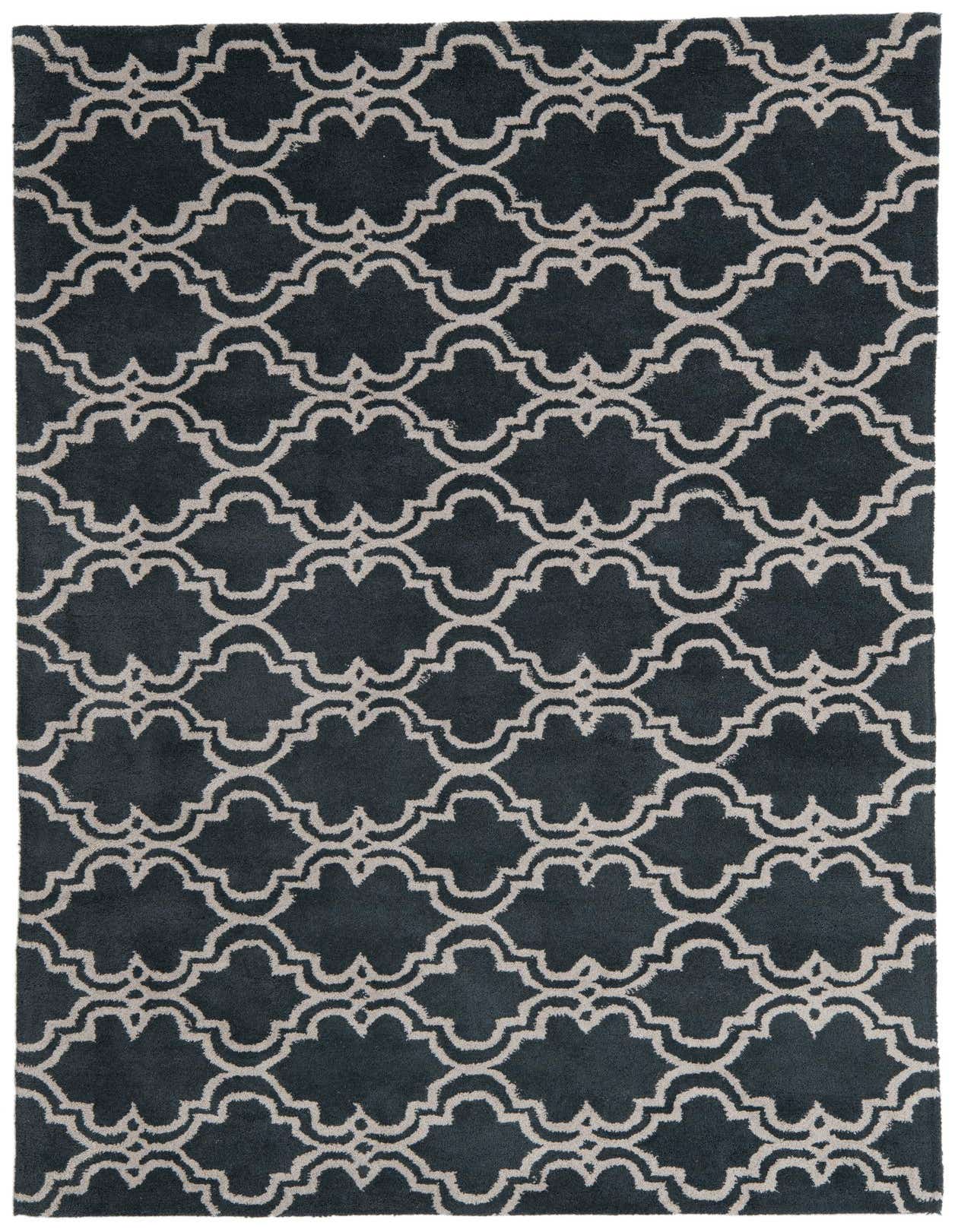 A 5x8 rectangular black and off-white modern abstract rug with a high pile, suitable for a living room.