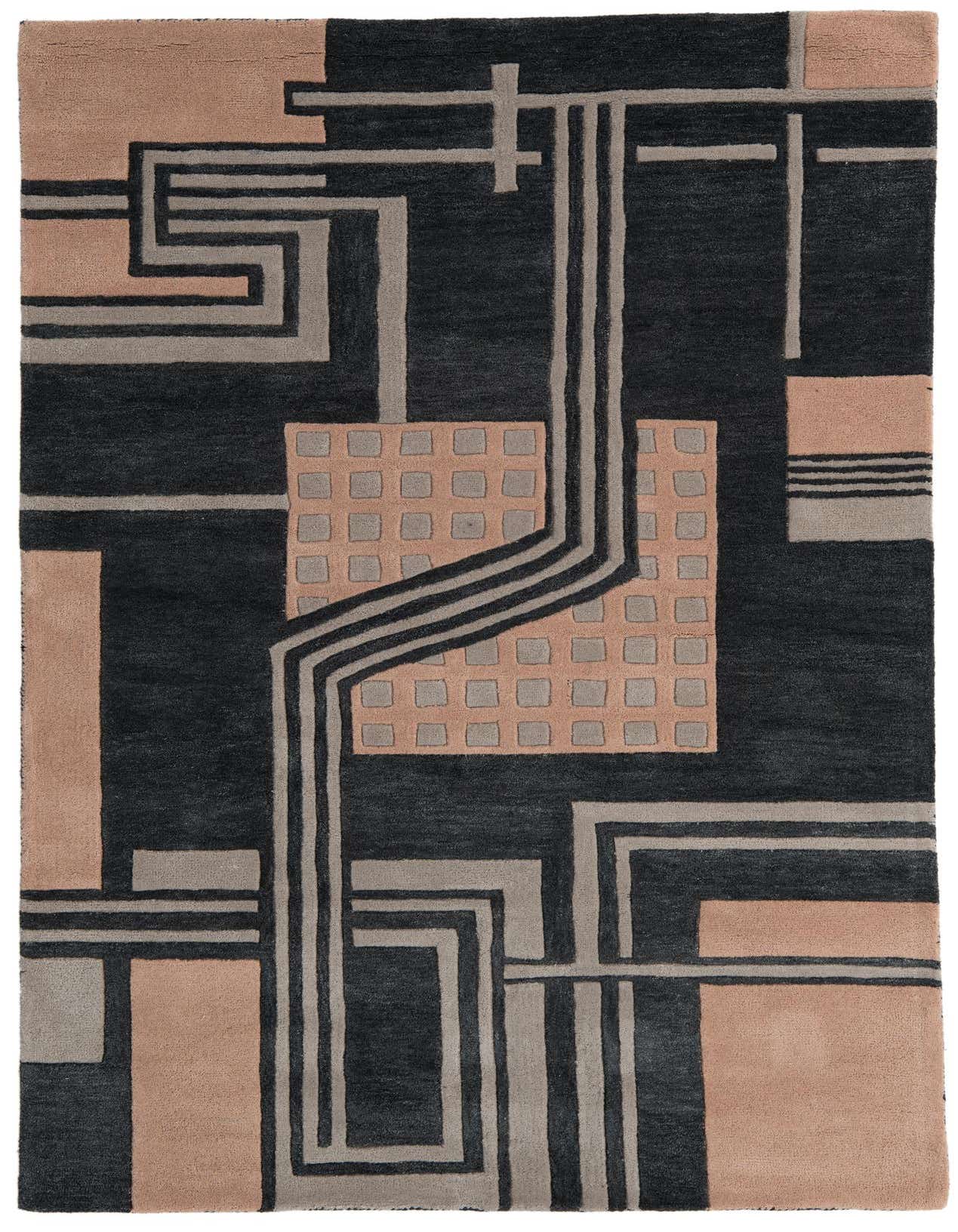 A 5x8 rectangular black rug with a modern abstract pattern in grey and blush pink, featuring geometric lines and squares.